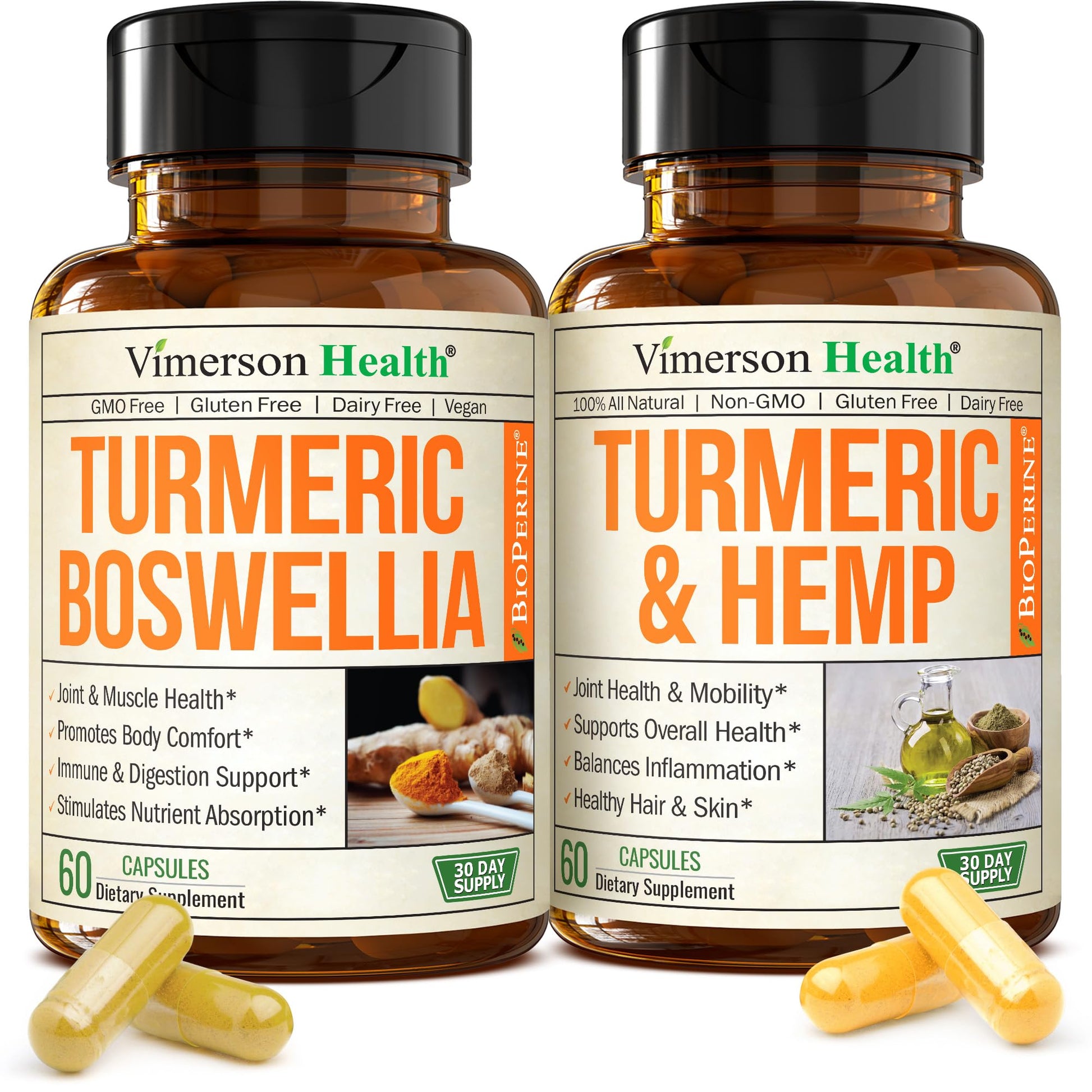 Vimerson Health Boswellia Turmeric Curcumin Supplement with Hemp Seeds & Lemon Balm Extract – Joint Health & Mobility – Black Pepper for Absorption – Natural Joint Supplement Capsule 120 Count