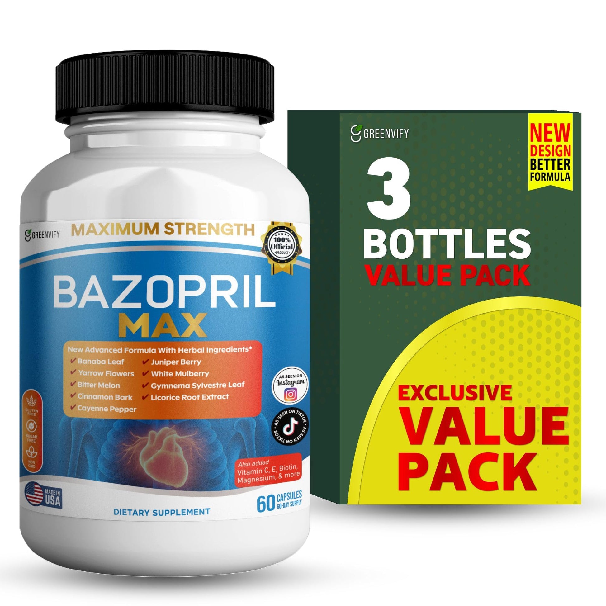 GREENVIFY Bazopril Max Maximum Strength Dietary Supplement 180 Capsules