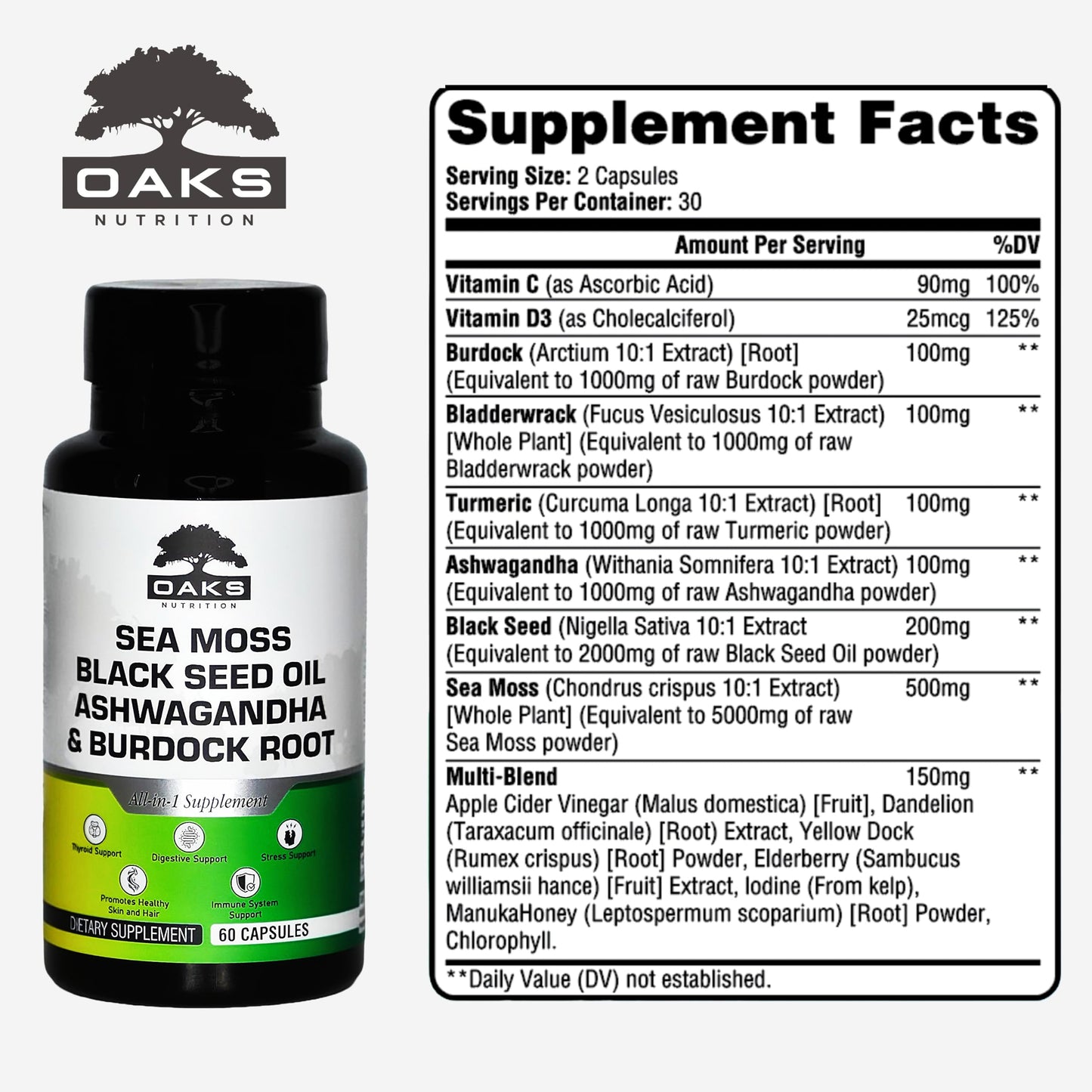Oaks Nutrition Premium 15-in-1 Sea Moss Multivitamin Capsules, 60 Count