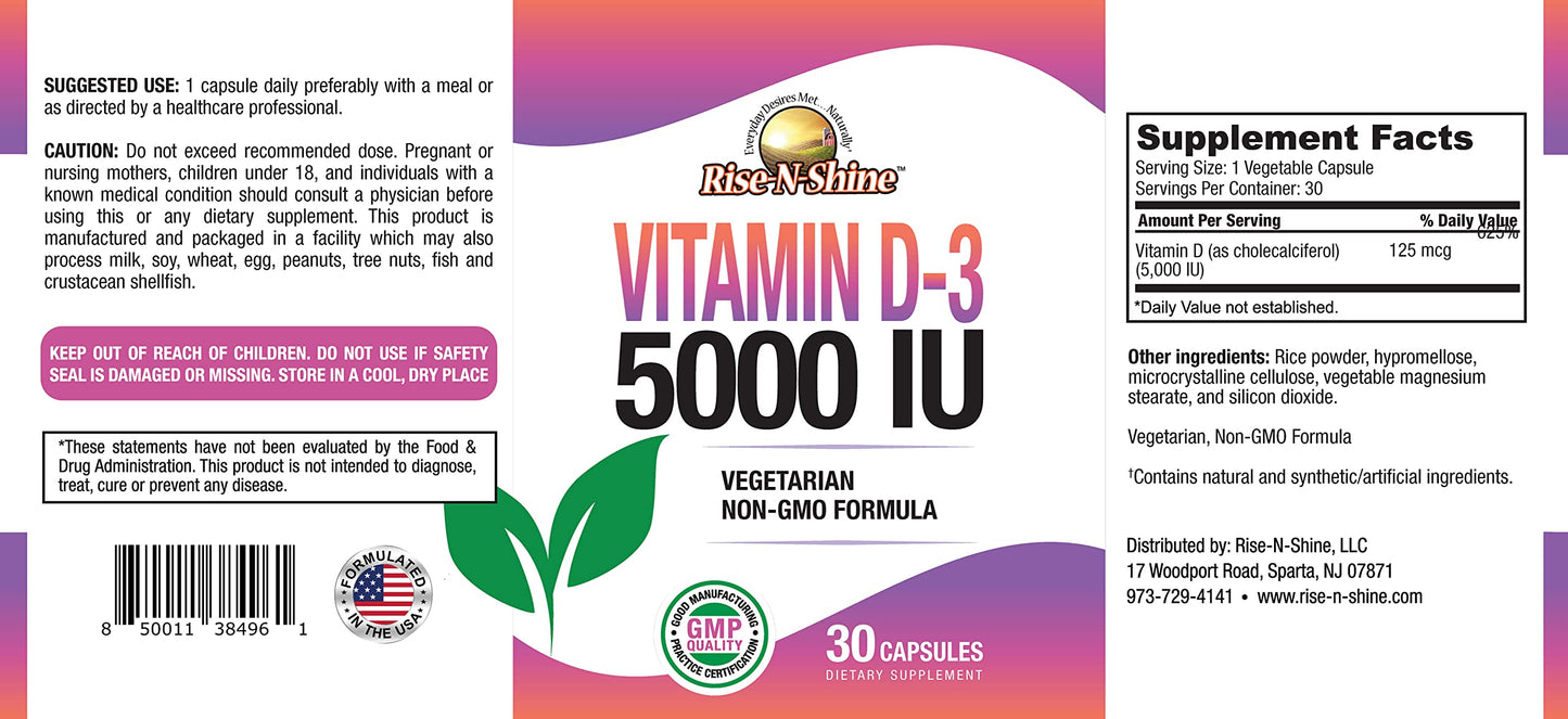 Rise-N-Shine Vitamin D3 5000 IU Capsules, 30 Capsules