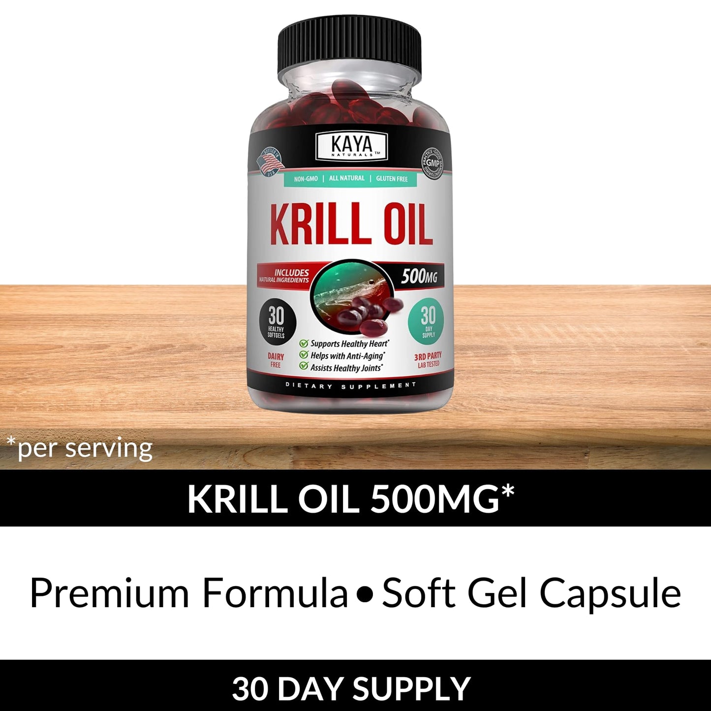 Kaya Naturals Antarctic Krill Oil 500mg with Omega-3 EPA, DHA, Phospholipids & Astaxanthin Softgels, 30 Count