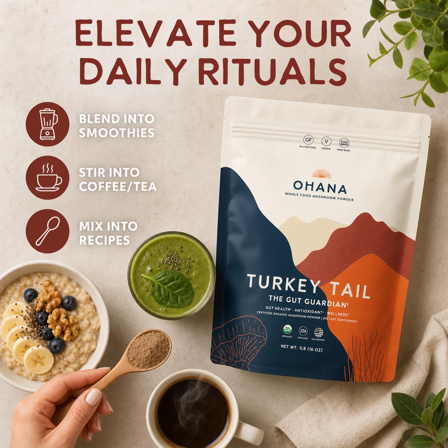 Ohana Mushrooms Turkey Tail Organic Mushrooms Powder Blend, 16 oz