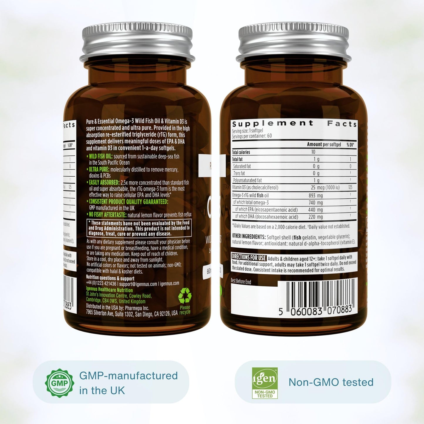 Igennus Healthcare Nutrition Ultra Pure Omega-3 rTG, IFOS Certified Wild Fish Oil & Vitamin D3 Softgels 60 Count