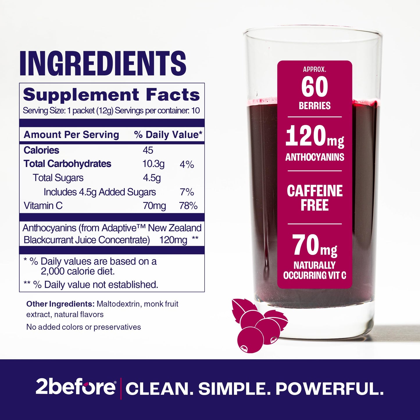 2before Blackcurrant All Natural Vegan Pre Workout Caffeine Free Powder 4.2