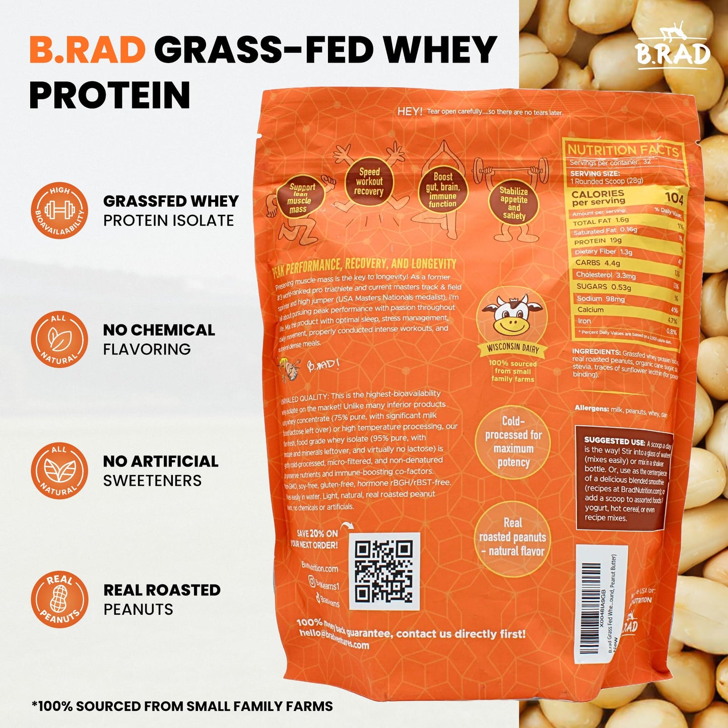 B.rad Grass Fed Whey Protein Isolate Powder Peanut Butter 32 Servings