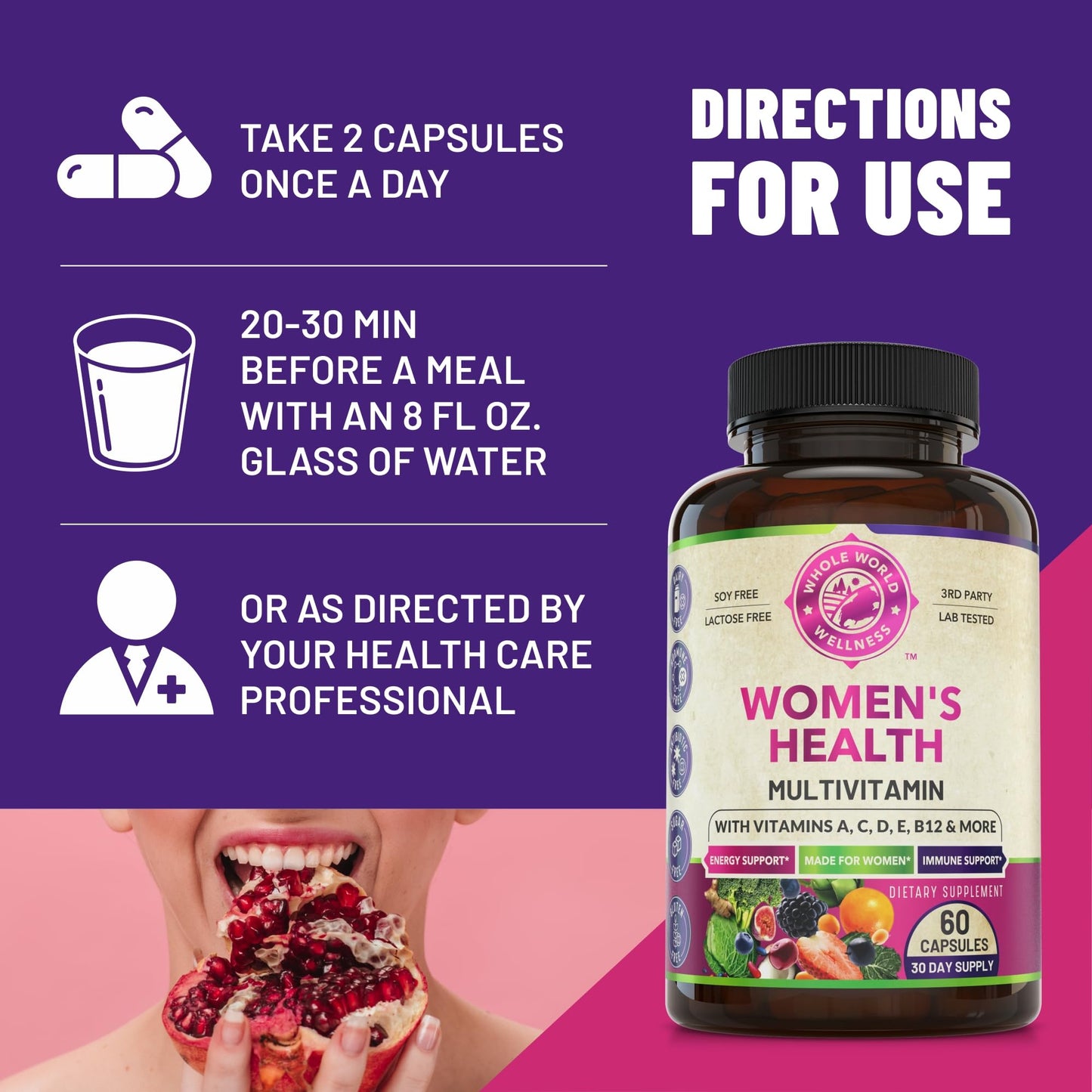 WHOLE WORLD WELLNESS Womens Daily Multivitamin Multimineral Capsule for Energy, Mood, Focus, Hair, Skin & Nails, 60 Count