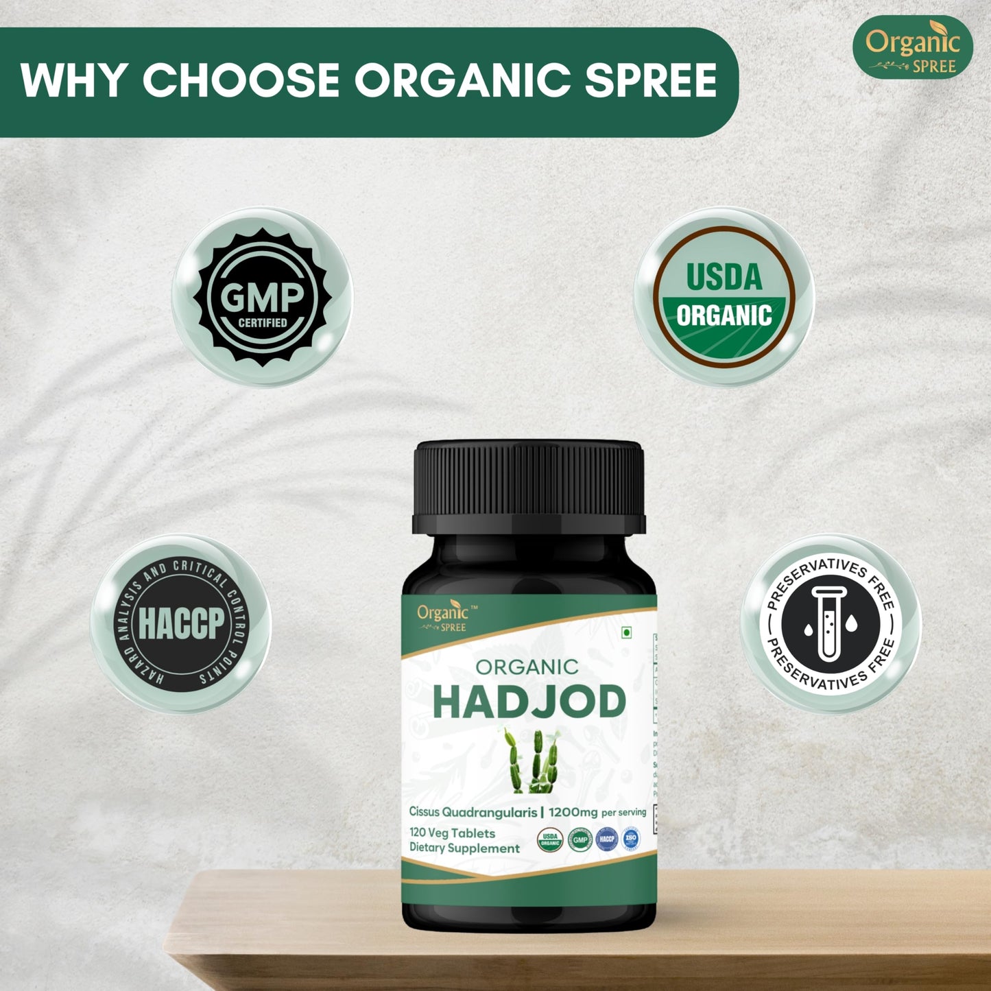 ORGANIC SPREE Hadjod 120 Tablets - Cissus quadrangularis, 2 Count