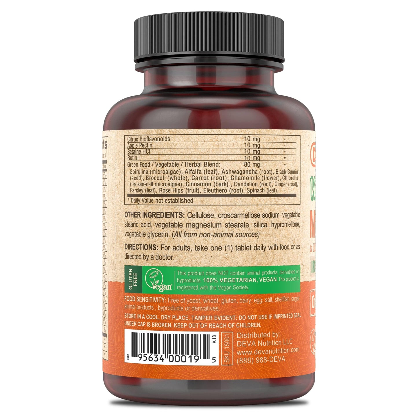 DEVA Vegan Multivitamin and Mineral Supplement One Daily Vitamin Formula with Greens Iron Free 180 Tablets
