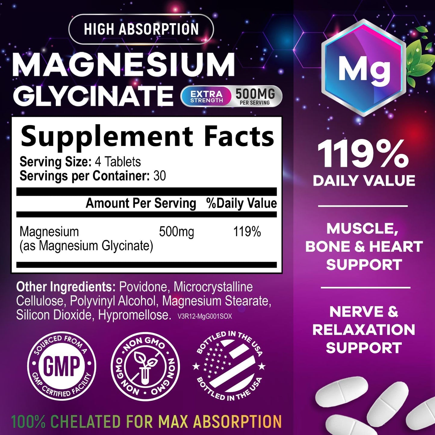 Nature's Nutrition Magnesium Glycinate Supplement 120 Tablets