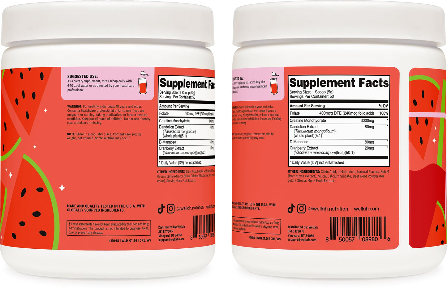 Wellah Creatine for Women Creatine Monohydrate with Dandelion & Cranberry Extract Powder 50 Servings Watermelon Slush