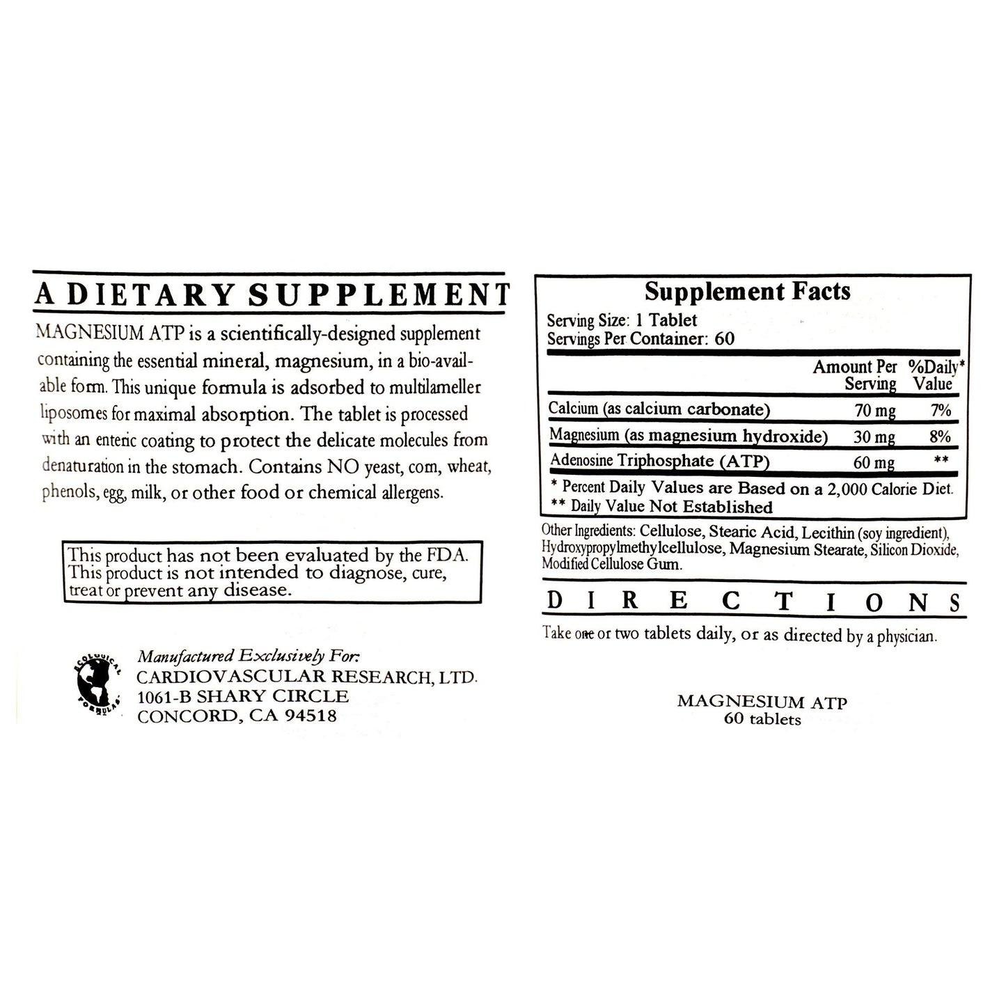 Ecological Formulas Cardiovascular Research Liposomal Magnesium ATP (Mg30mg ATP60mg) 60 Tablets
