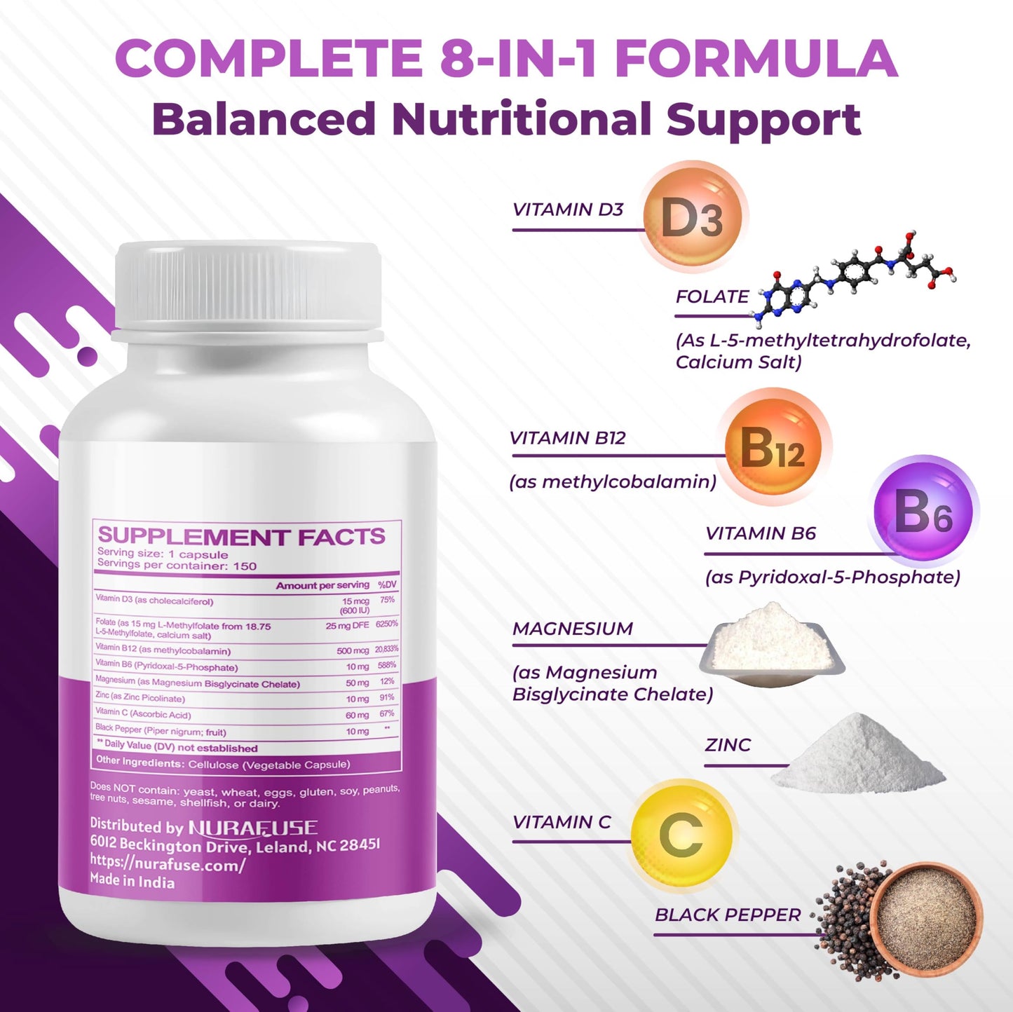NURAFUSE High Potency 5-MTHF (Active Form) with Vitamin B12, Vitamin B6, Magnesium & Black Pepper – Supports Brain Wellness, Heart Health & Nerve Health, 150 Capsules