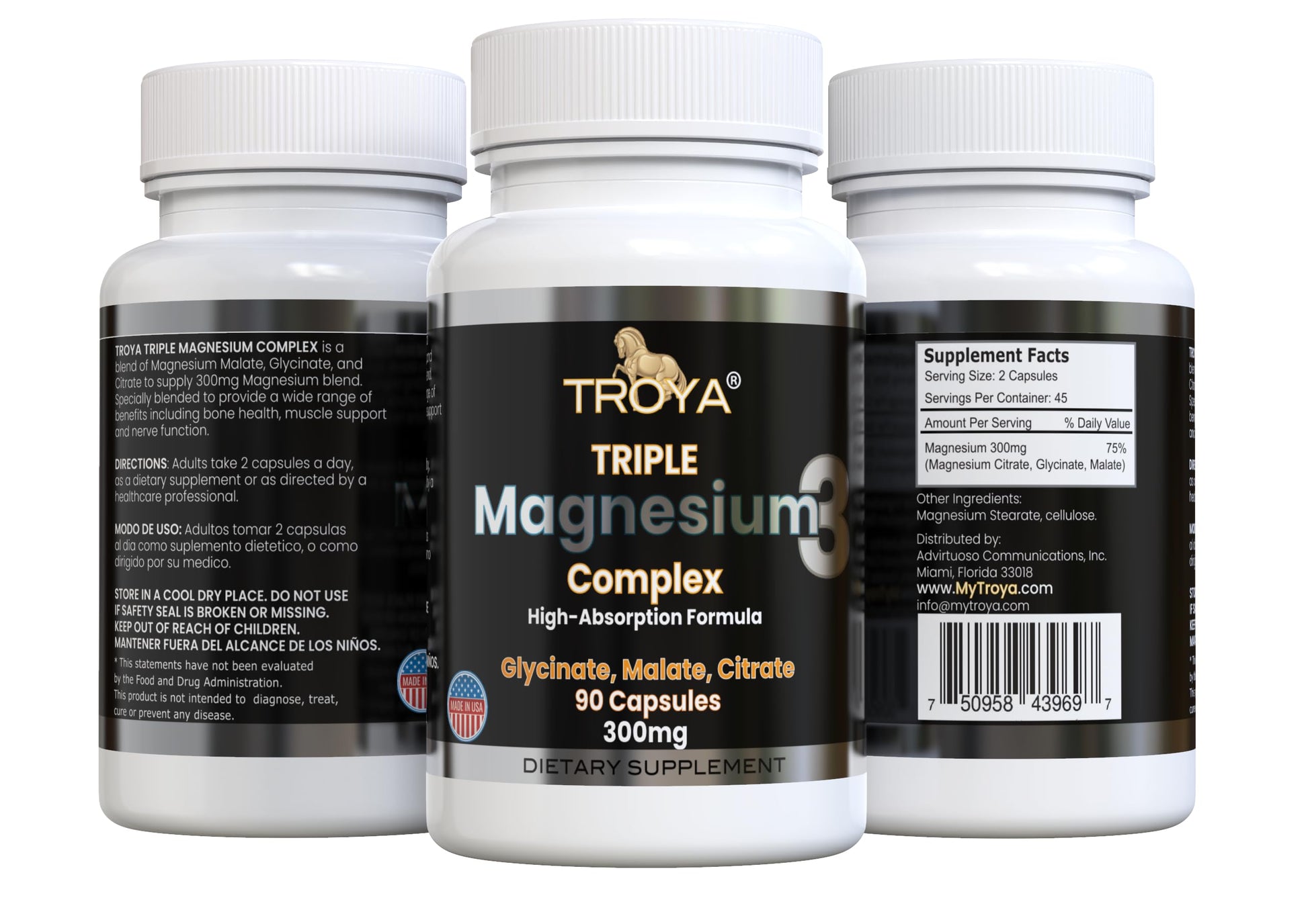 TROYA Triple-Complex Magnesium Capsule 300mg with Glycinate, Citrate & Malate – 90 Capsules
