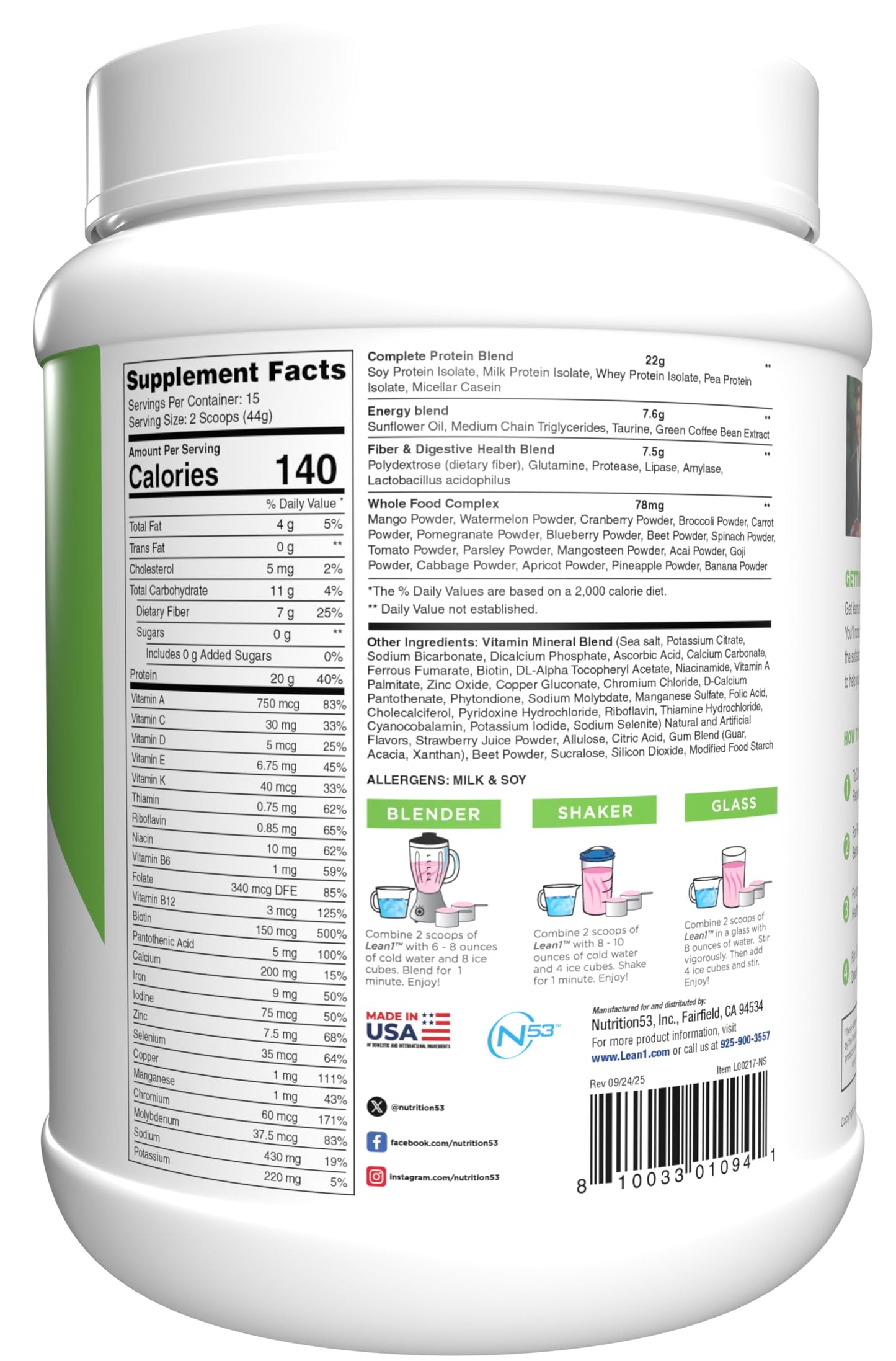 N53 Lean1 Meal Replacement Protein Shake Strawberry Flavor Powder 27.5