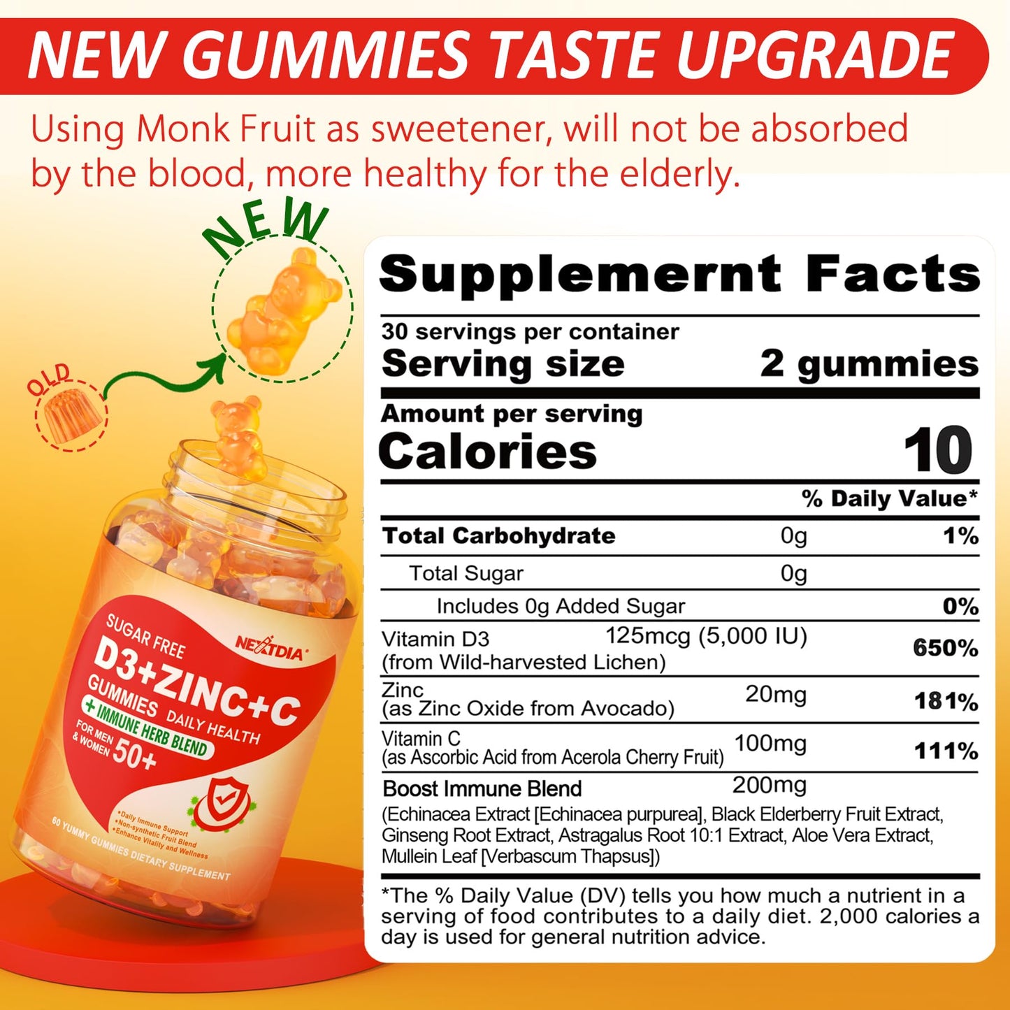 Nextdia Sugar Free C + D3 + Zinc Immune Gummies + Sugar Free CoQ10 200mg Filled Gummies, 180 Gummies