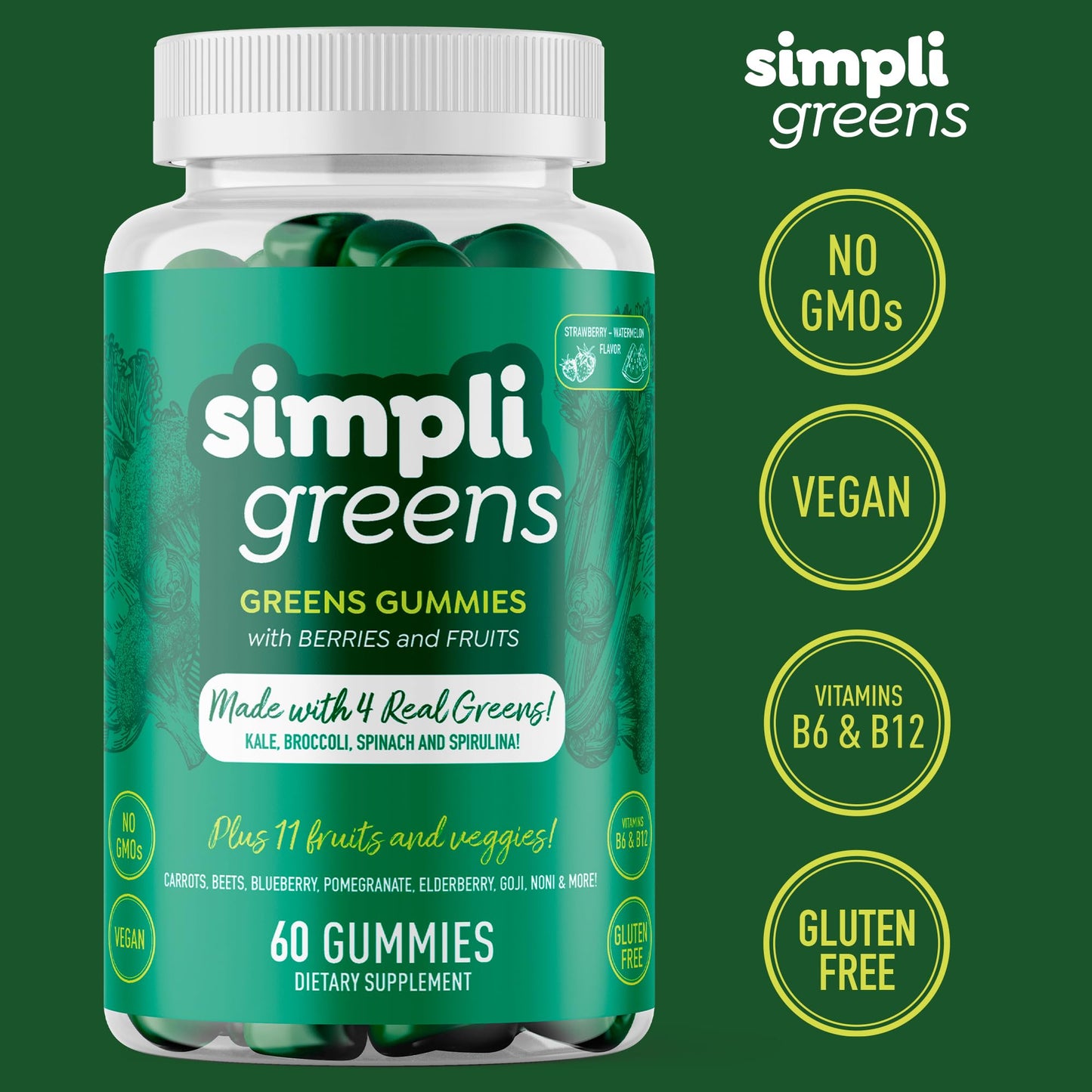 SIMPLI GREENS Vegan Superfood Gummies Supplement, 60 Count