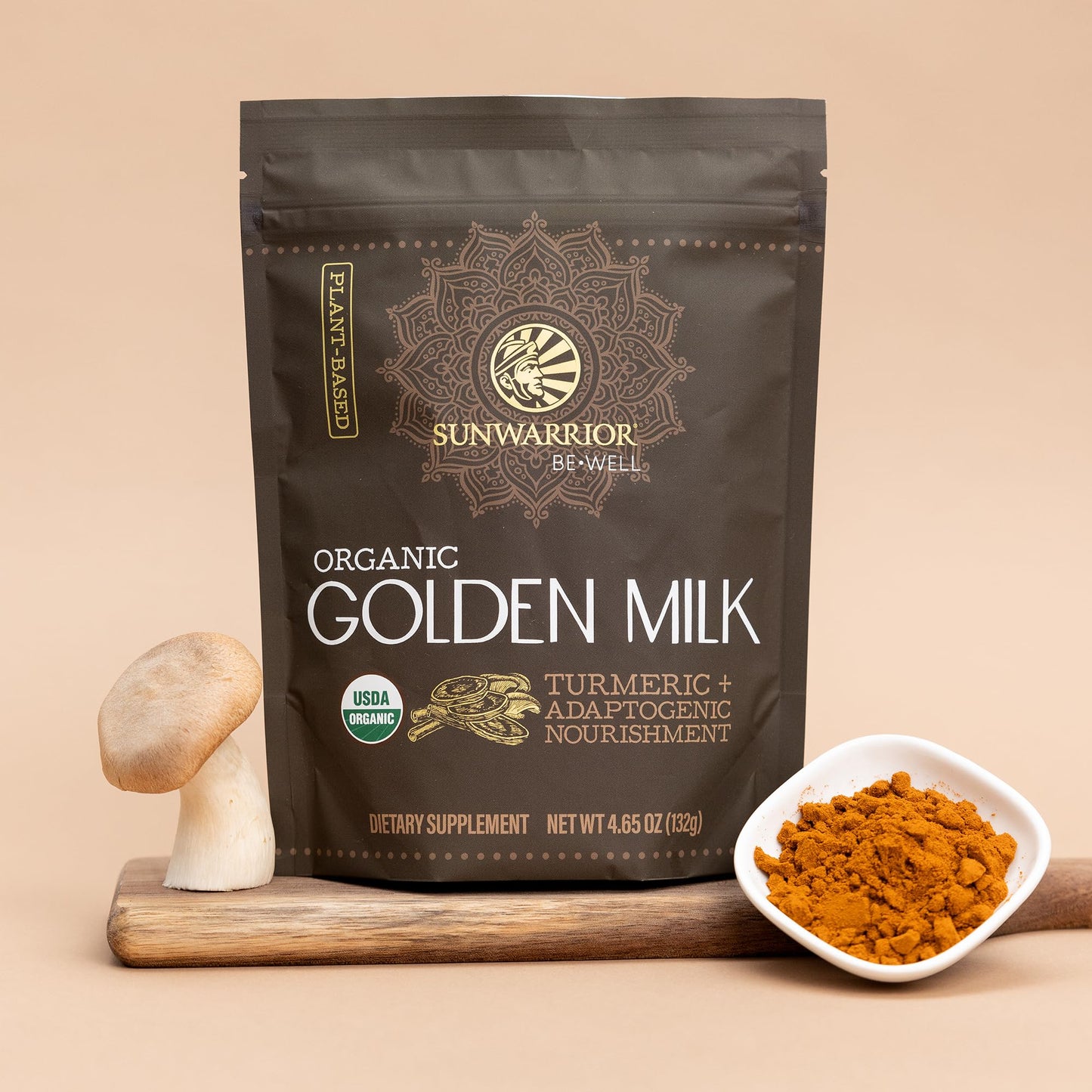 Sunwarrior Organic Golden Milk Powder Ashwaghanda Turmeric Curcumin, Powder, 90 g Pouch, 30 Servings