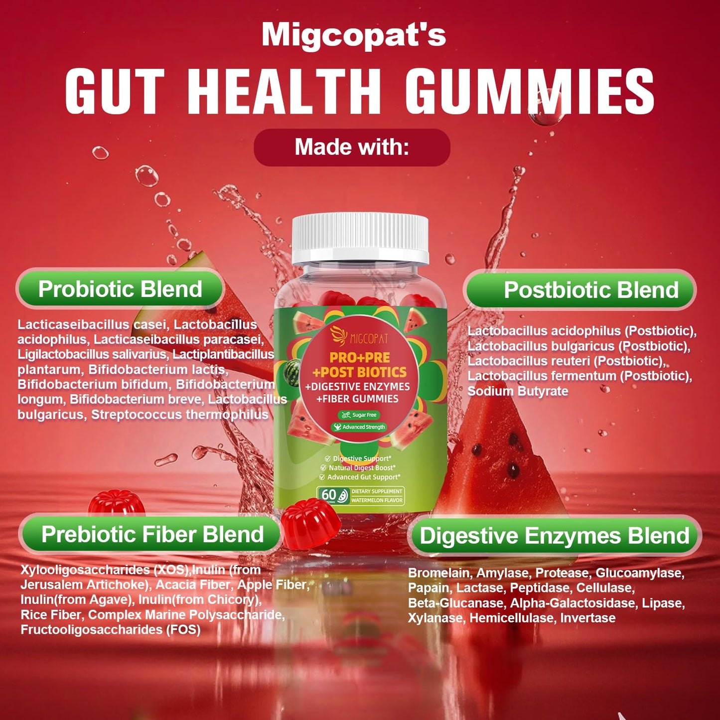 Migcopat Pre Post Probiotics Gummies, 60 Gummies