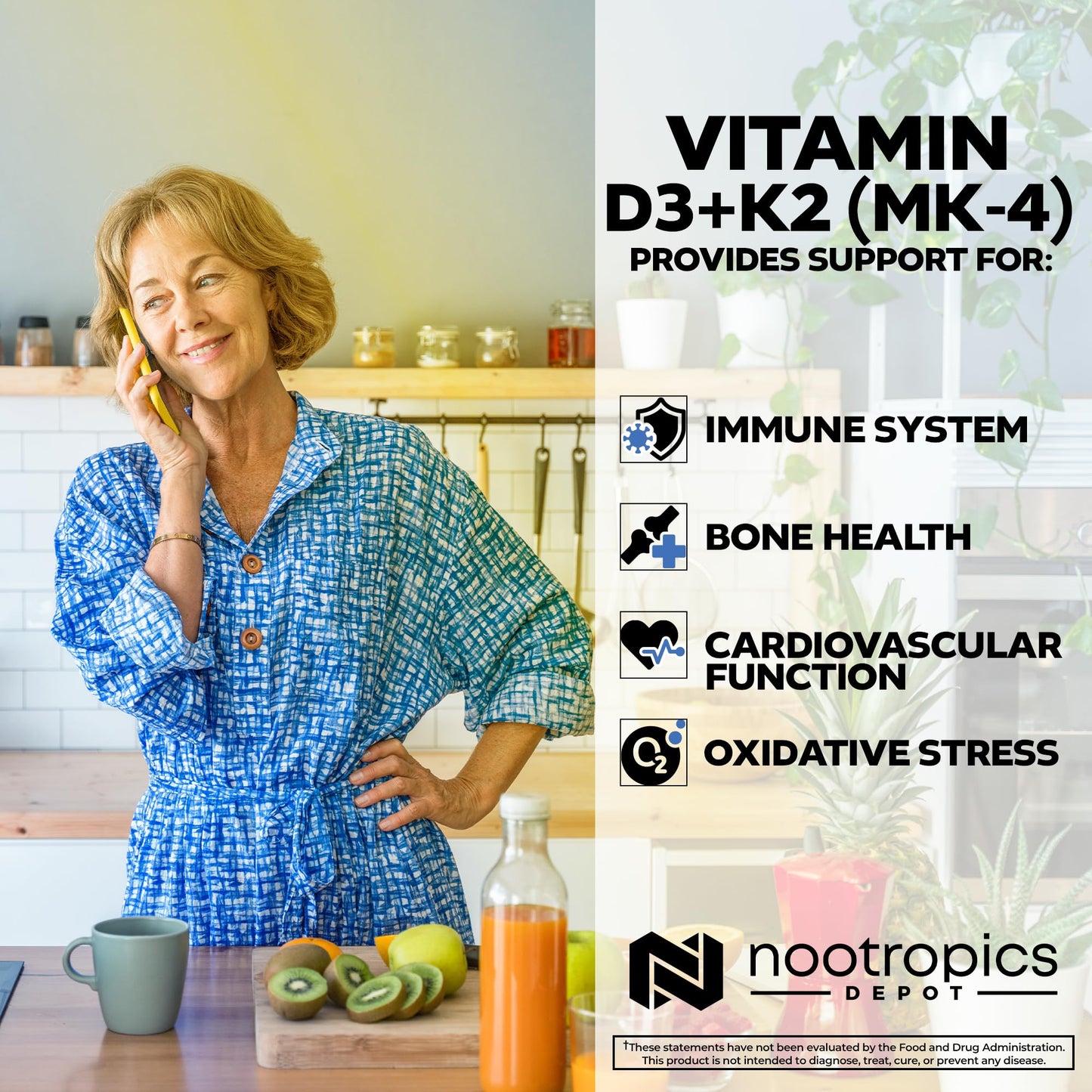 Nootropics Depot Vitamin D3 + K2 with Vitamin C Tablets, 60 Count