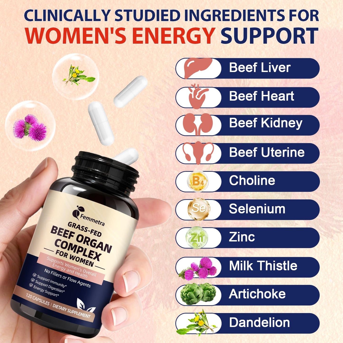 Femmetra Beef Organ Complex Superfood Supplement Capsules 120 Count