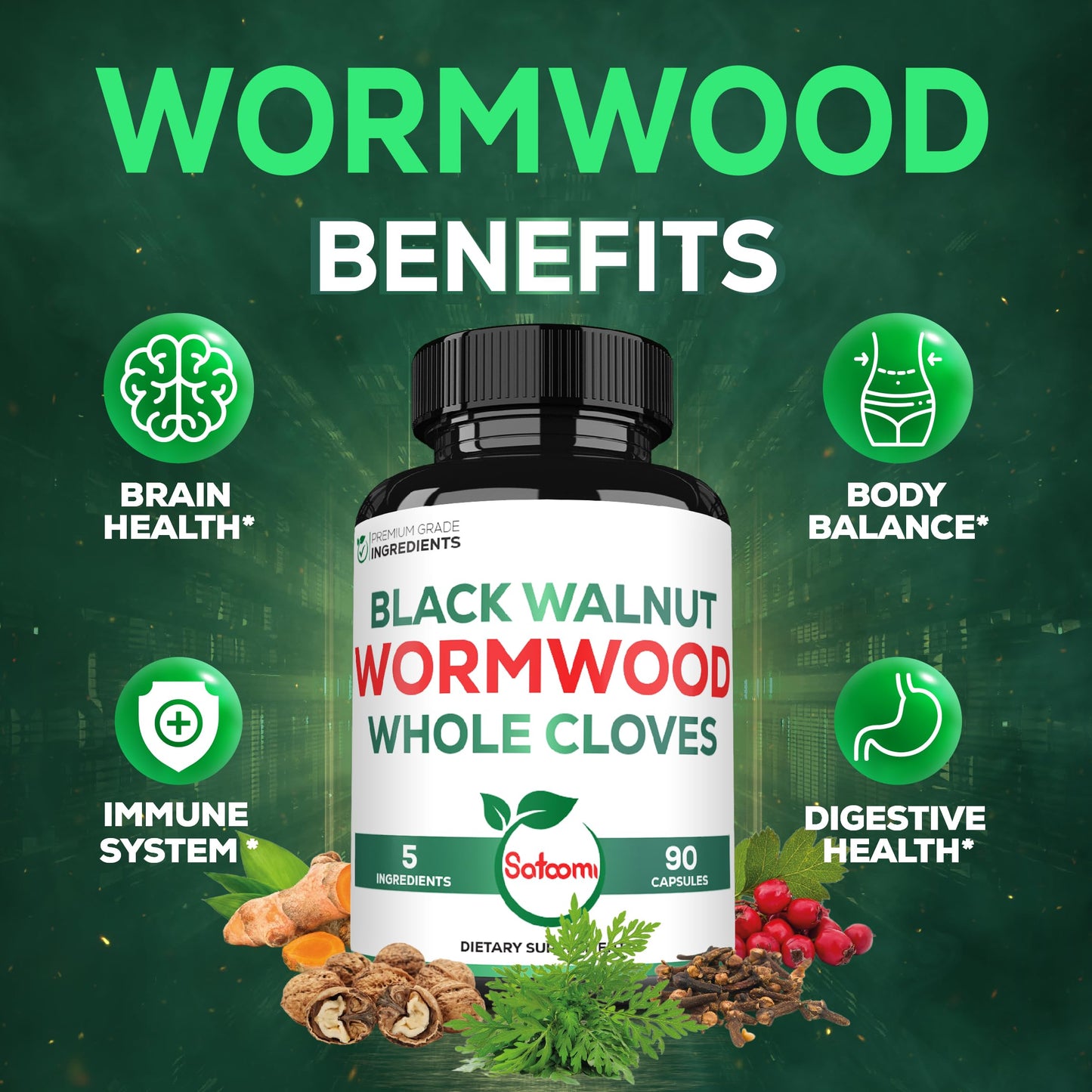 Satoomi 5 in 1 Wormwood Capsules Supplement with Black Walnut, Cloves, Turmeric, and Berberine HCl, 90 Capsules