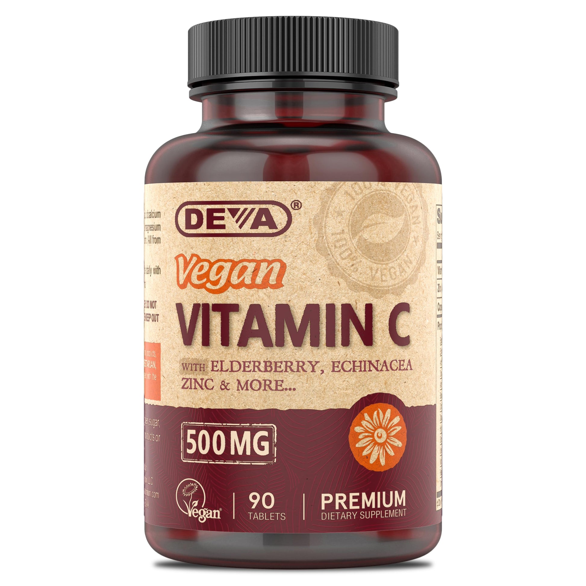 DEVA Vegan Vitamin C 500 mg with Elderberry, Echinacea, Zinc & More Tablets, 90 Count