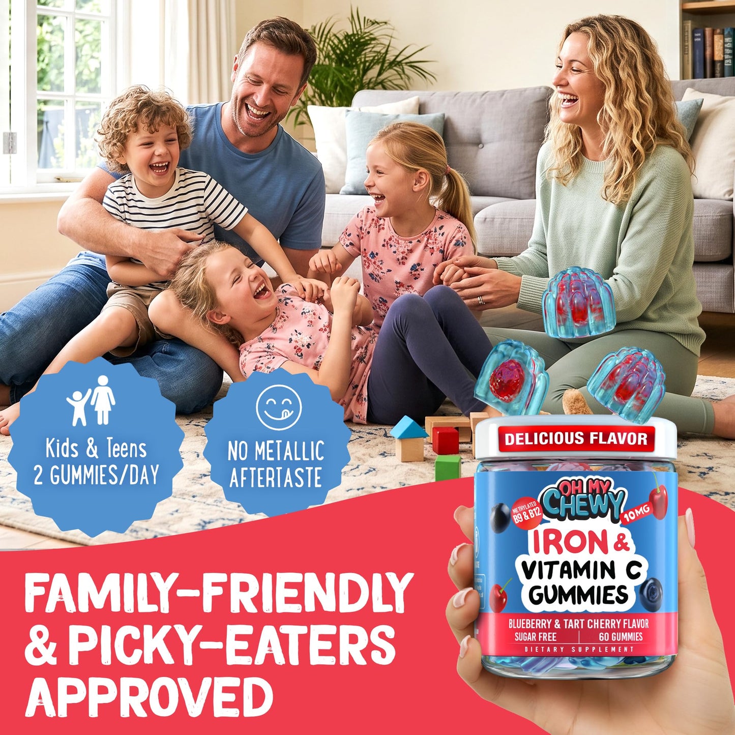 OH MY CHEWY Center-Filled Iron Gummies for Kids with 5-MTHF, Sugar-Free and Vitamin C, 60 Gummies