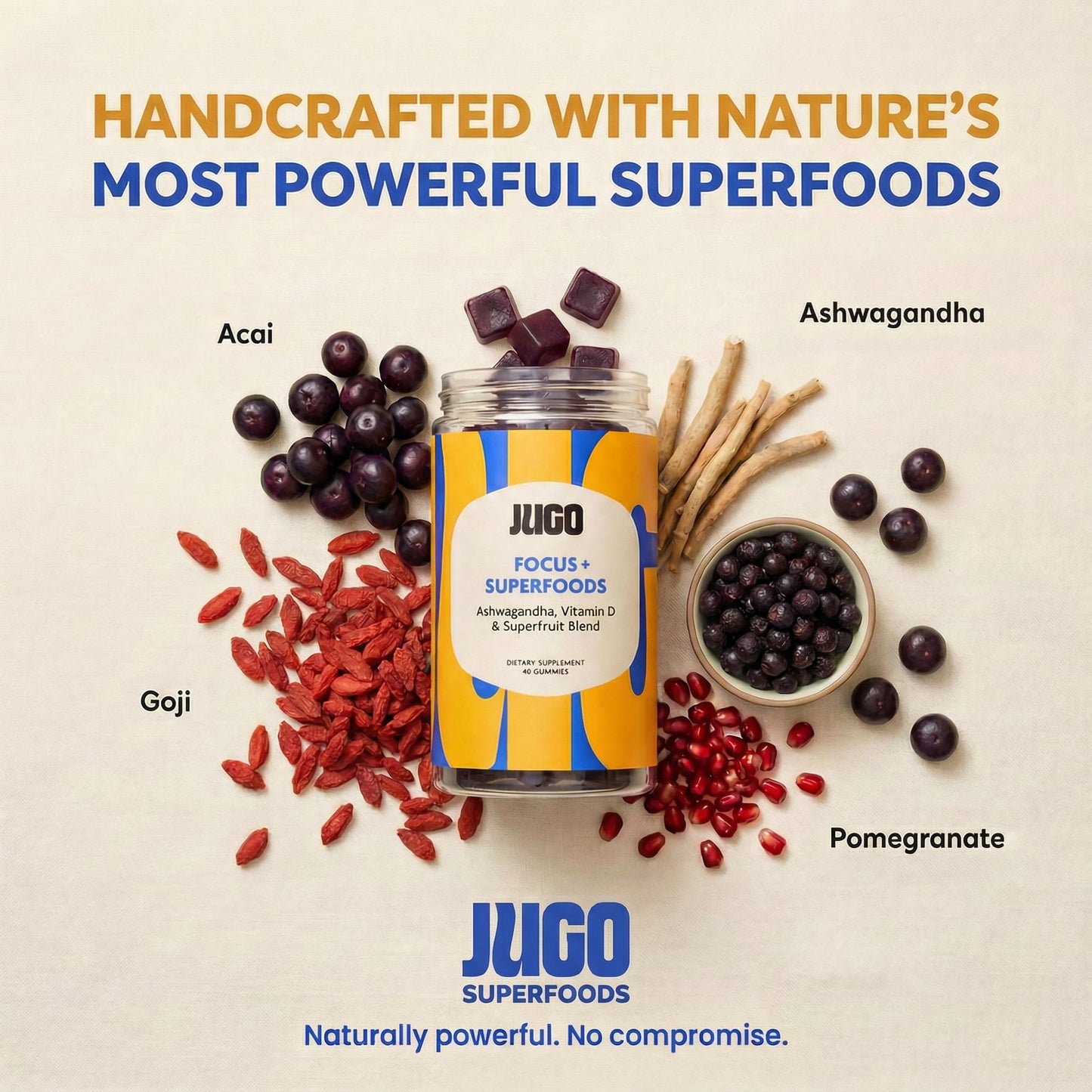 JUGO LLC Focus + SUPERFOODS Ashwagandha Gummies with Vitamin D3 & Superfruit Blend, 40 Count