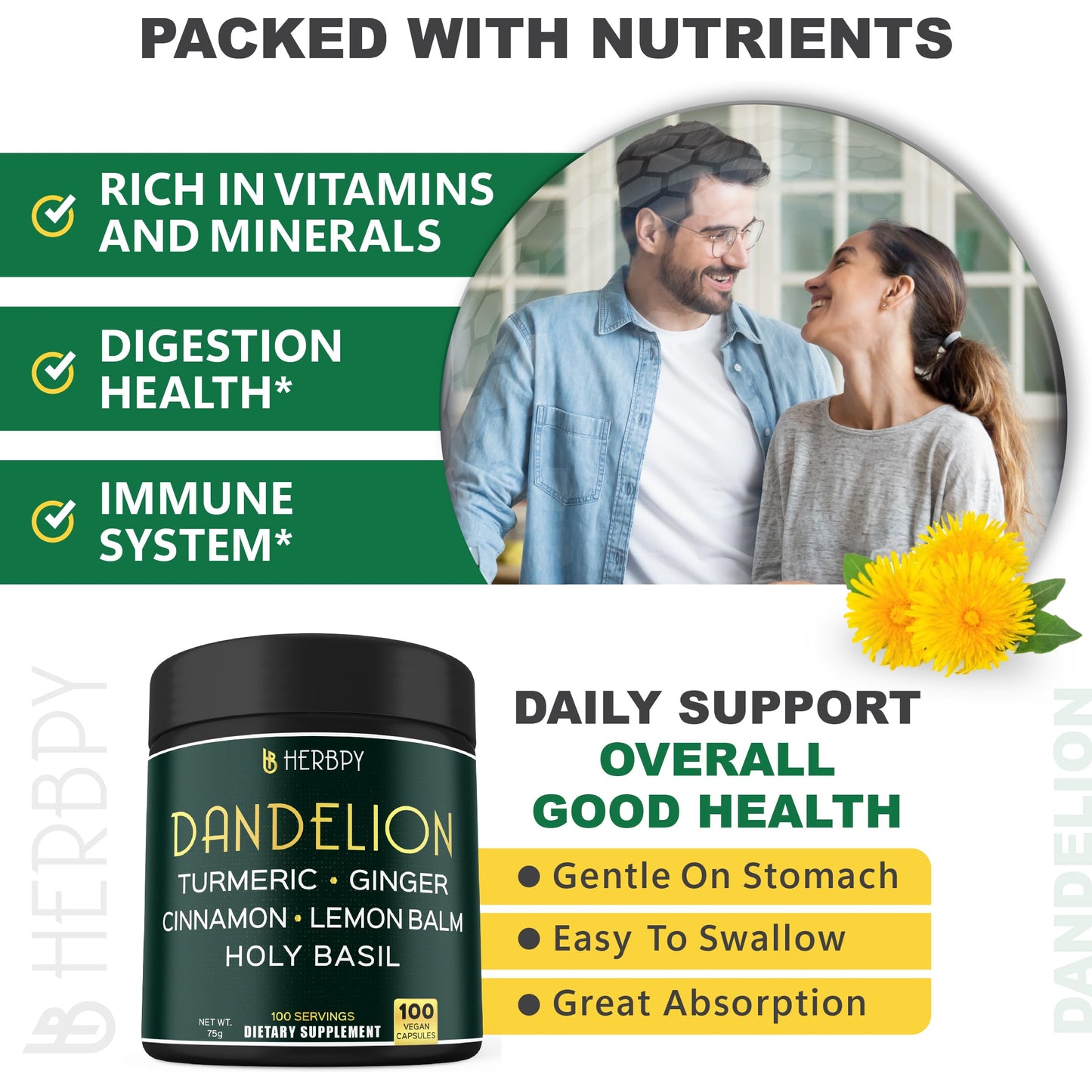 Herbpy Dandelion Root Supplement Capsules 100 Count