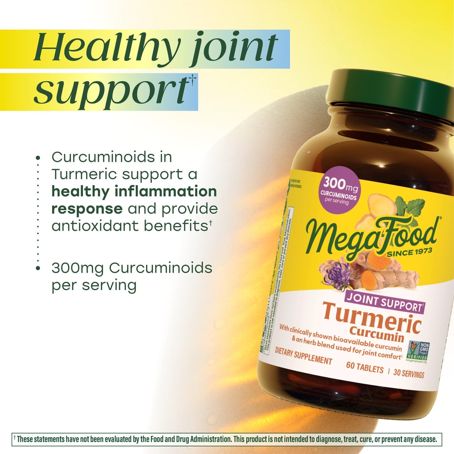 MegaFood Turmeric Curcumin Joint Support Supplement with Black Pepper, Boswellia Extract & Ginger Root Tablets 60