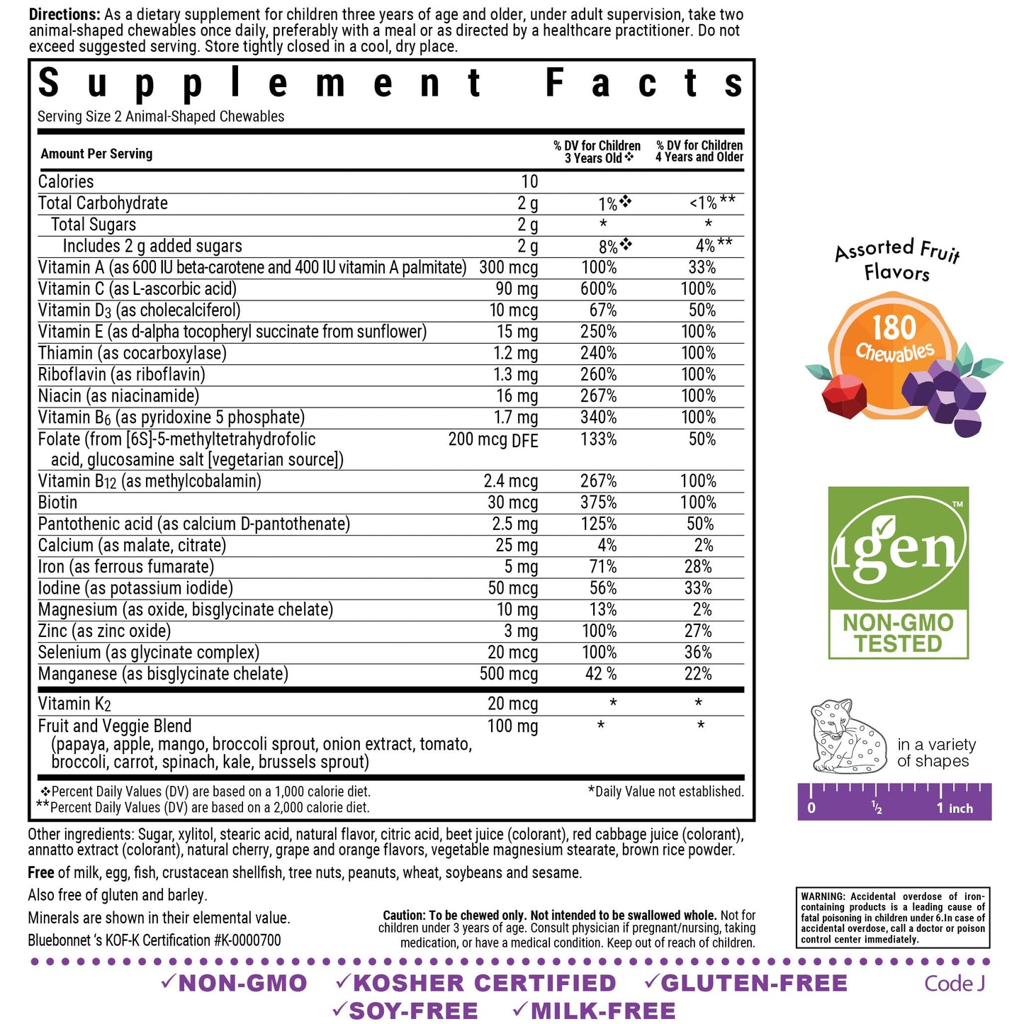 BlueBonnet Rainforest Animalz Whole Food Based Multivitamin & Mineral Kids Chewables, 180 Chewable Tablets