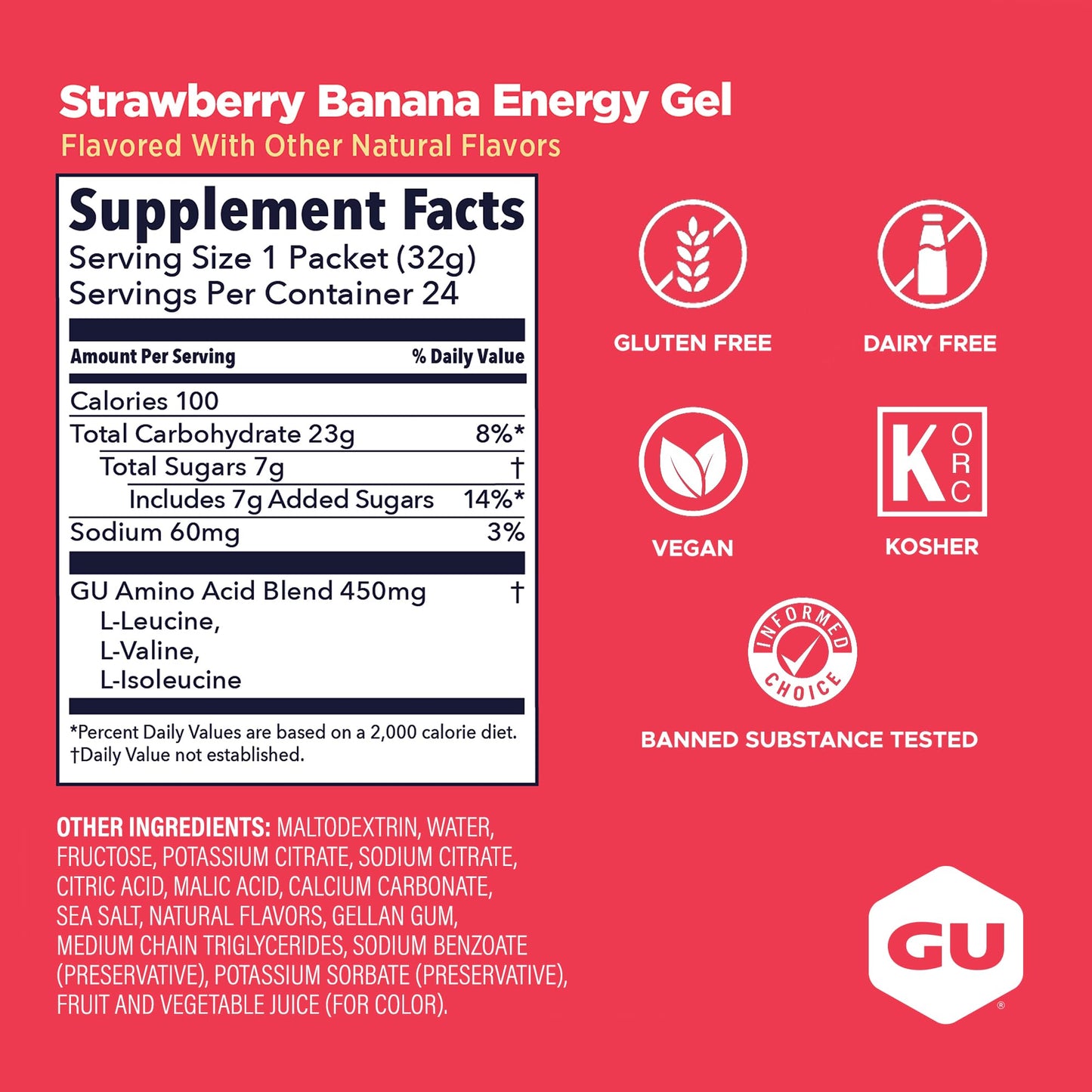 GU Energy Original Sports Nutrition Energy Gel, Strawberry Banana, 24 Count Box