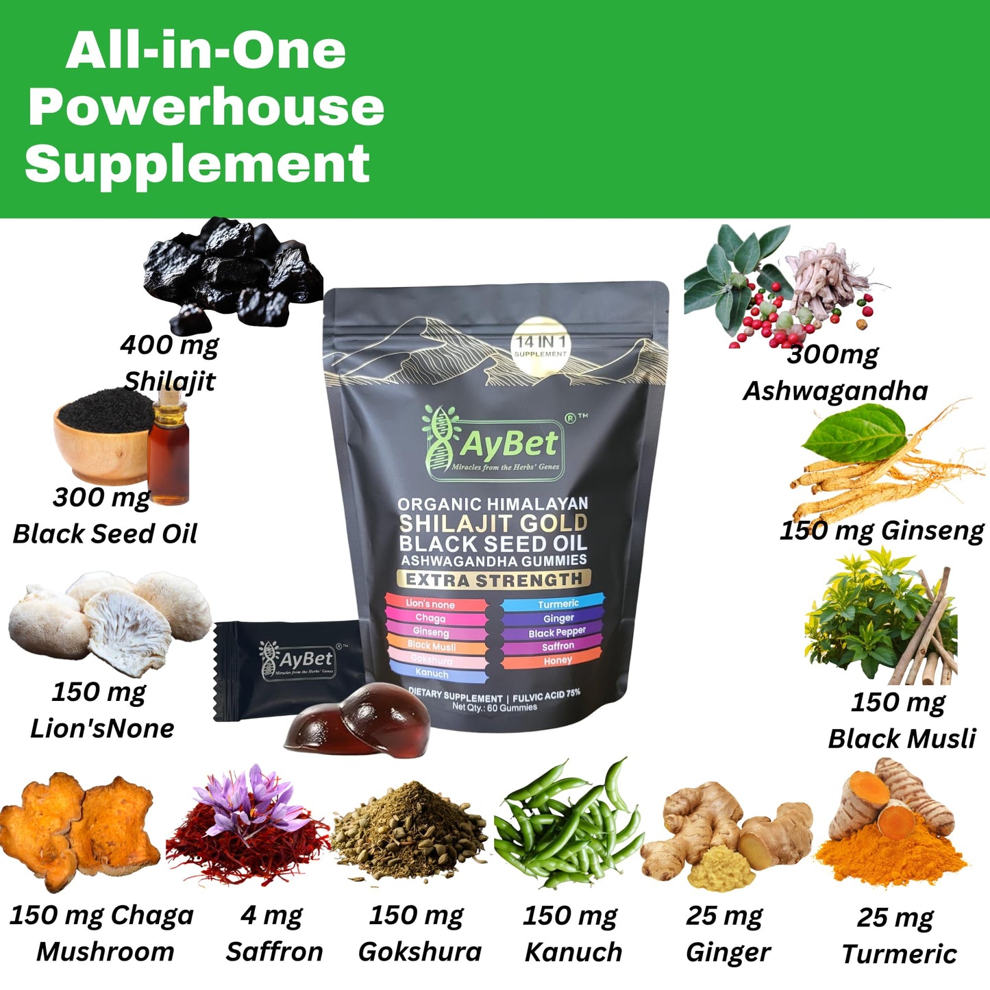 AyBet Organic Himalayan Shilajit Gold Gummies, 60 Count