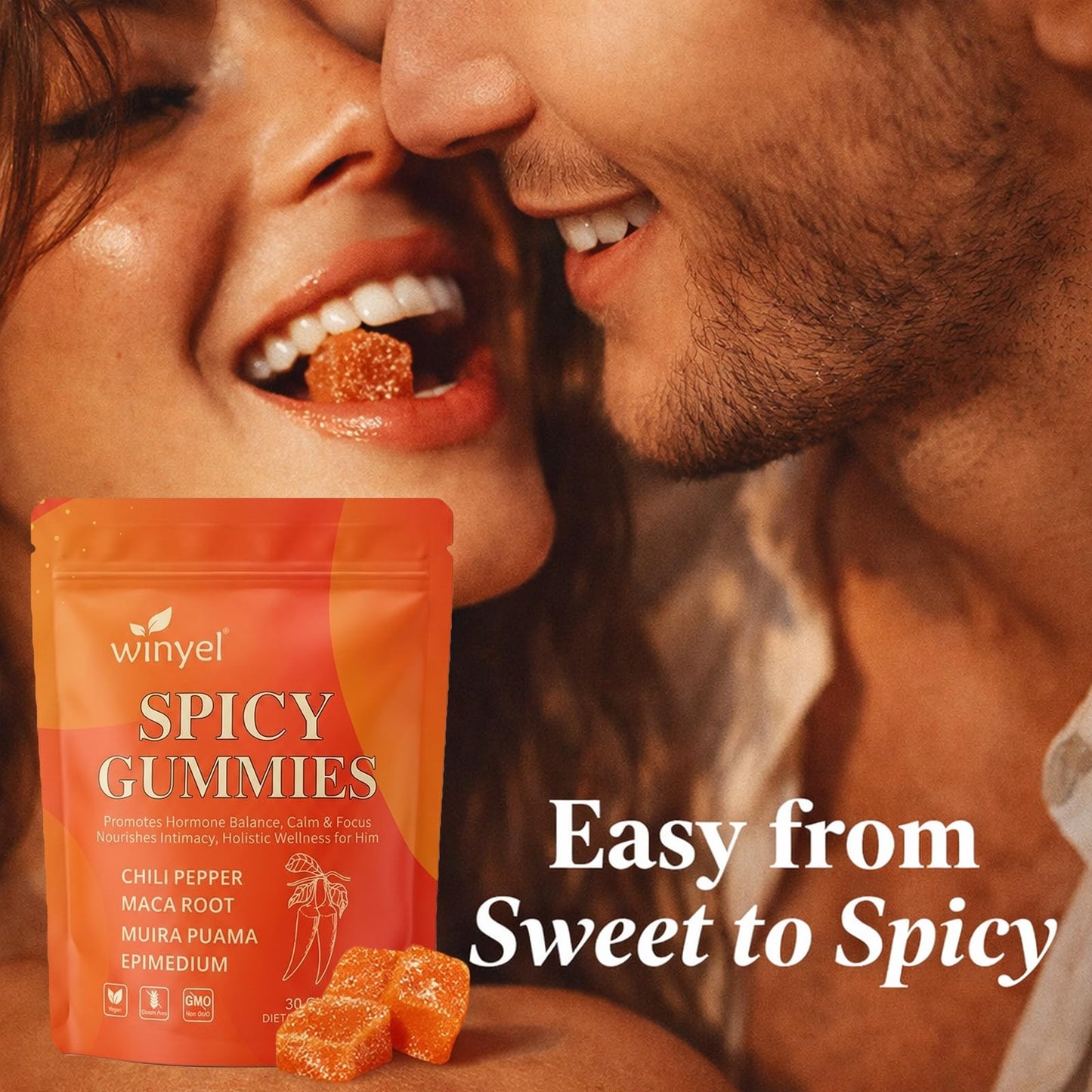 WINYEL Spicy Gummies Cubes Hot Peach Flavor - Chili Pepper, Maca Root & Muira Puama Herbal Supplement for Energy, Mood & Vitality - Romantic Mood Enhancer for Couples, 30 Gummies