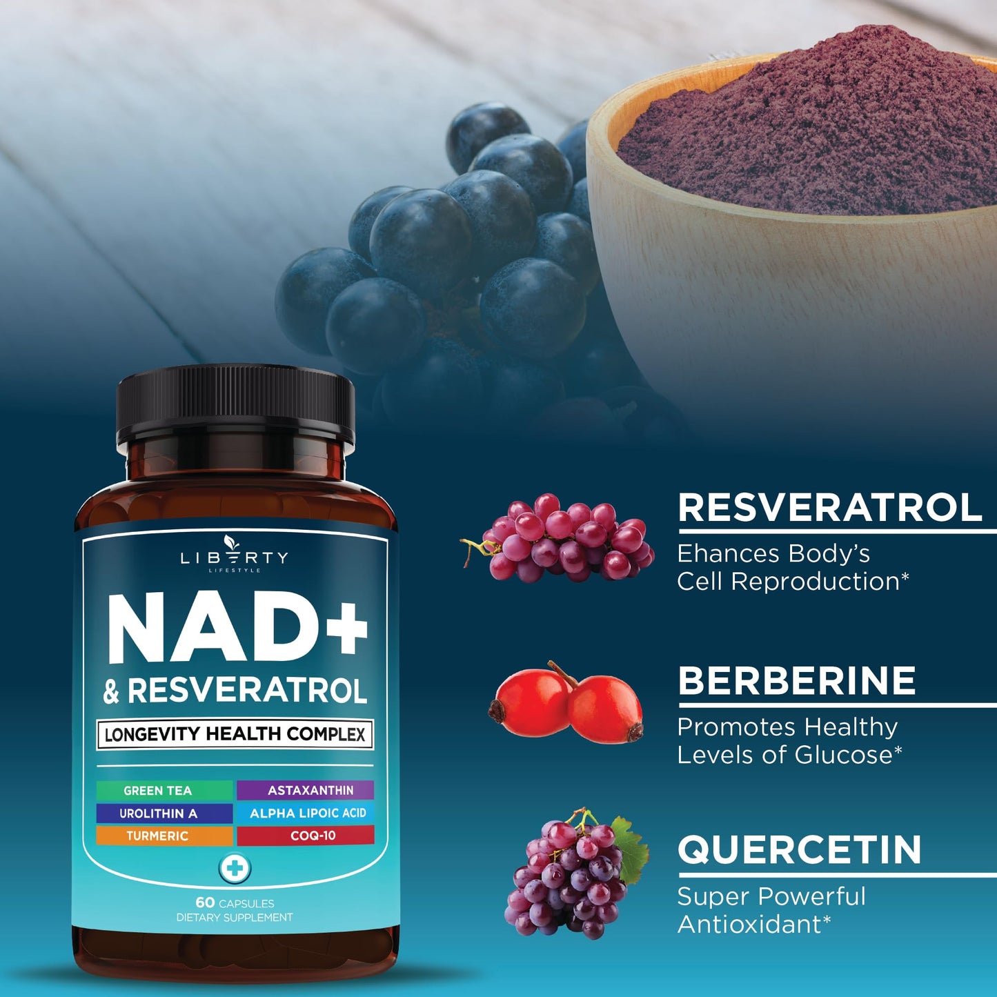 Liberty Lifestyle NAD+ Supplement Complex – NAD+ 300 mg with Astaxanthin, Urolithin A, Resveratrol, CoQ10 & Antioxidant Blend, Cellular Energy & Mitochondrial Support, Vegan, Non-GMO, 180 Capsules