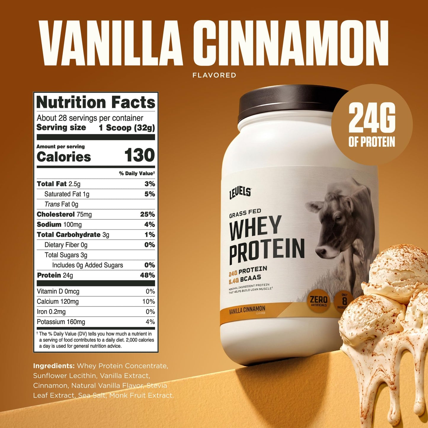 Levels Nutrition Whey Protein Powder Vanilla Cinnamon, 2 lb, 32 Servings