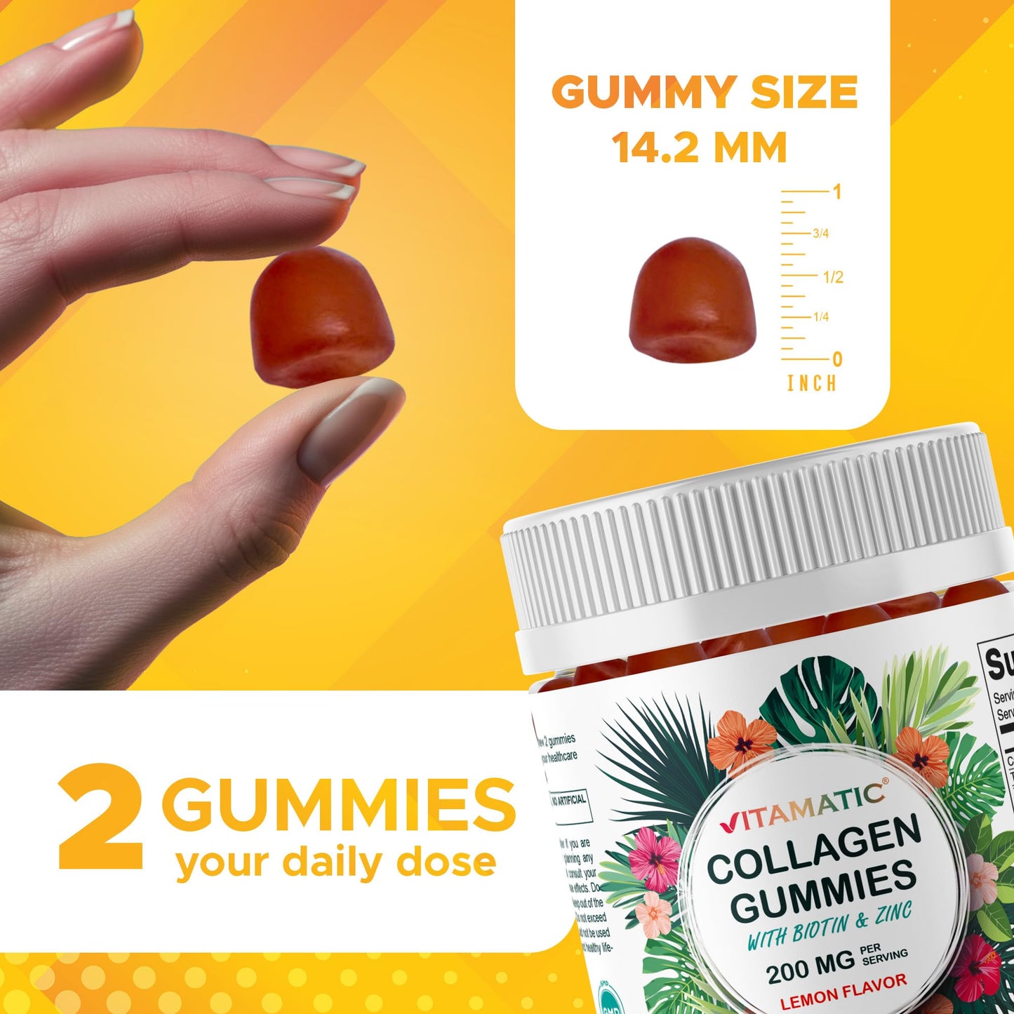 Vitamatic Hydrolyzed Collagen Gummies with Vitamin C, Zinc and Biotin, 200 mg - Healthy Skin Support, 240 Gummies