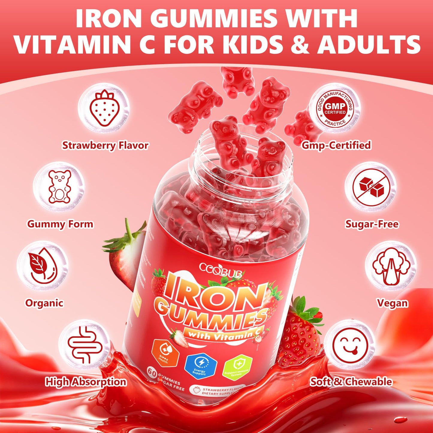 CCOBUB Iron Gummies with Vitamin C Gummy, 60 Count