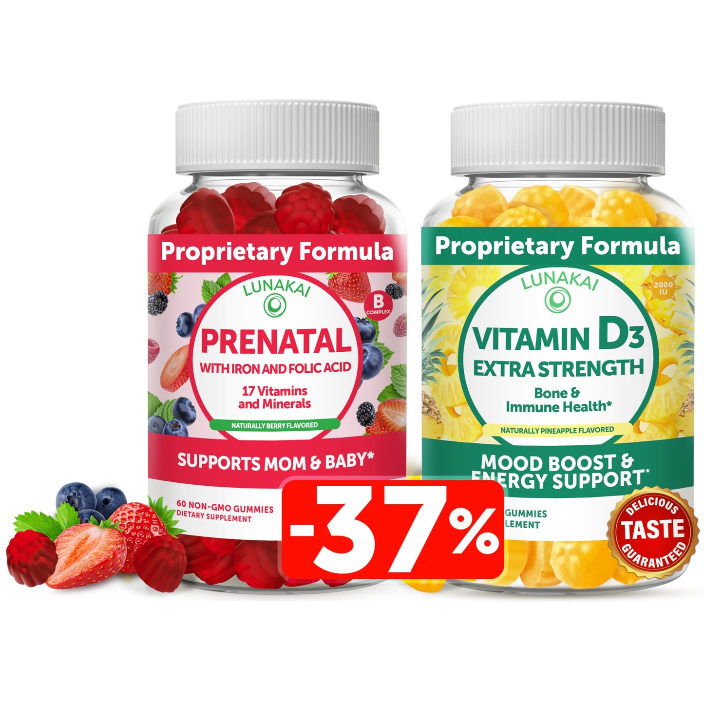 Lunakai Prenatal and Vitamin D3 Gummies Bundle - Pregnancy Multivitamin Gummy with Iron & Folic Acid - Immunity, Bone and Mood Support - 120 Gummies