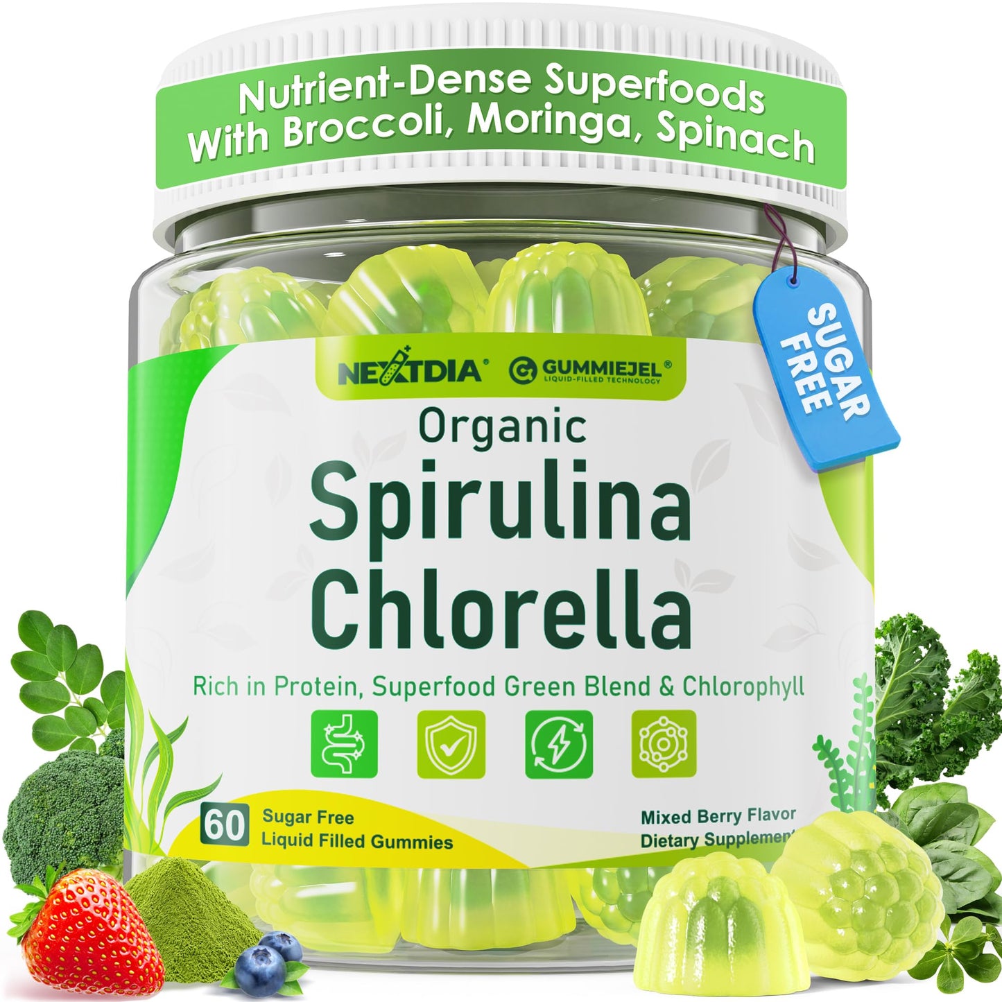 Nextdia Organic Spirulina Chlorella Gummies + Super Greens, High in Vegan Protein & Chlorophyll, Green Algae + Broccoli, Moringa, Spinach, C, D3, Zinc, B12 for Energy, Gut, Immune, Antioxidant, No Sugar, 60 Count