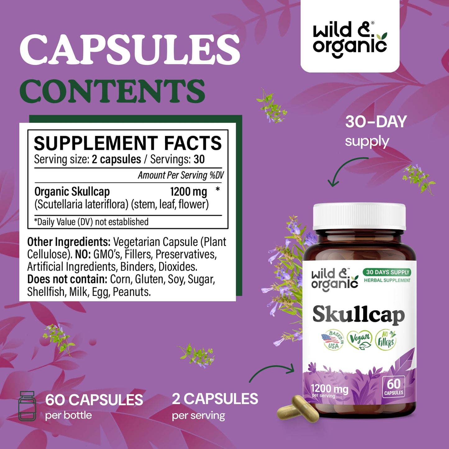 Wild & Organic Skullcap Capsules 1200 mg, 60 Count