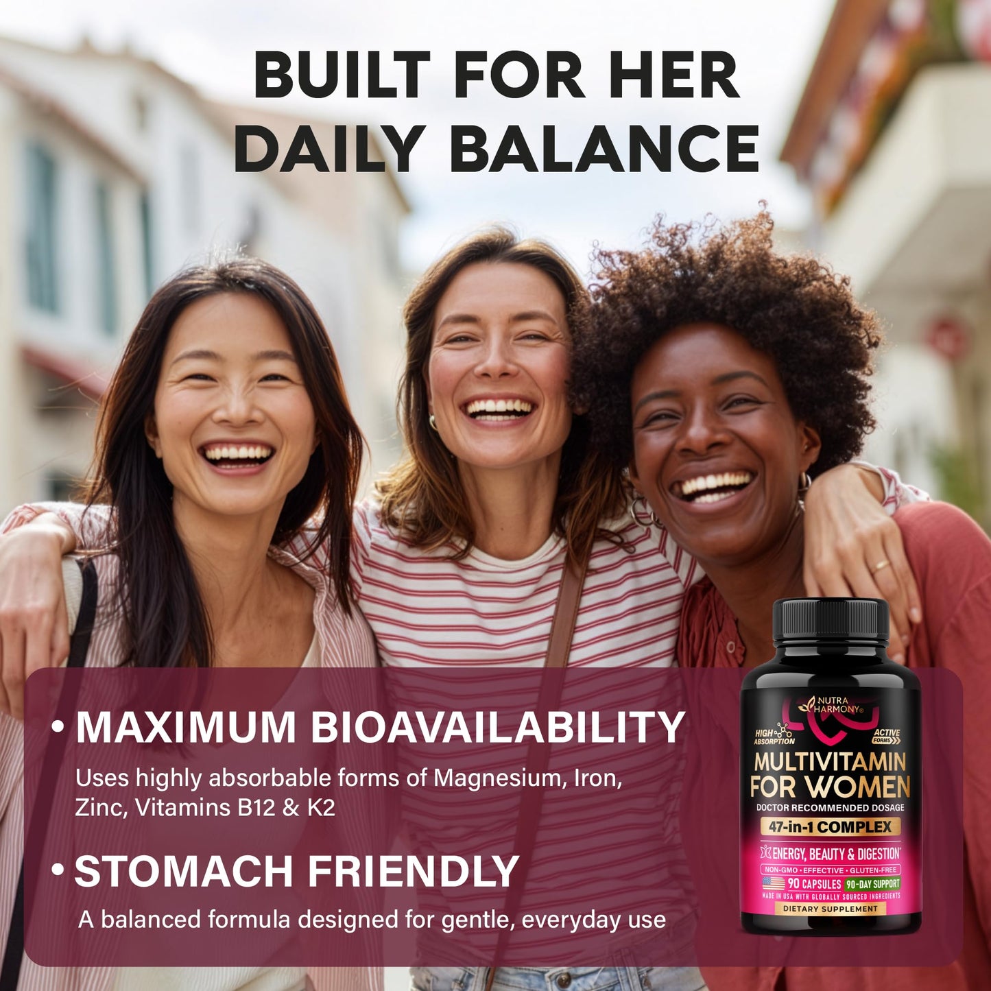NutraHarmony Multivitamin for Women 47-in-1 B-Complex, Biotin, D3 & K2, Iron Capsules 90 Count