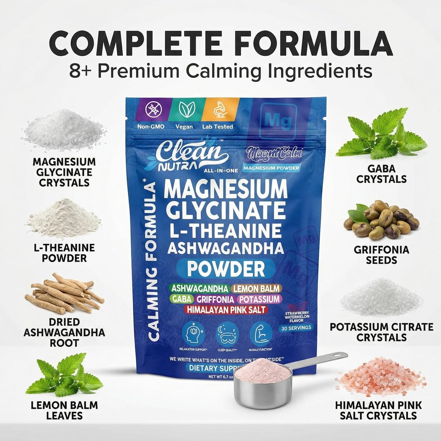 Clean Nutraceuticals Magnesium Glycinate Powder Supplement + L-Theanine, Ashwagandha, Glycine, Apigenin, Lemon Balm, GABA, 5-HTP, Pink Salt, Potassium, L-Tryptophan, Calcium 6.7 Ounce