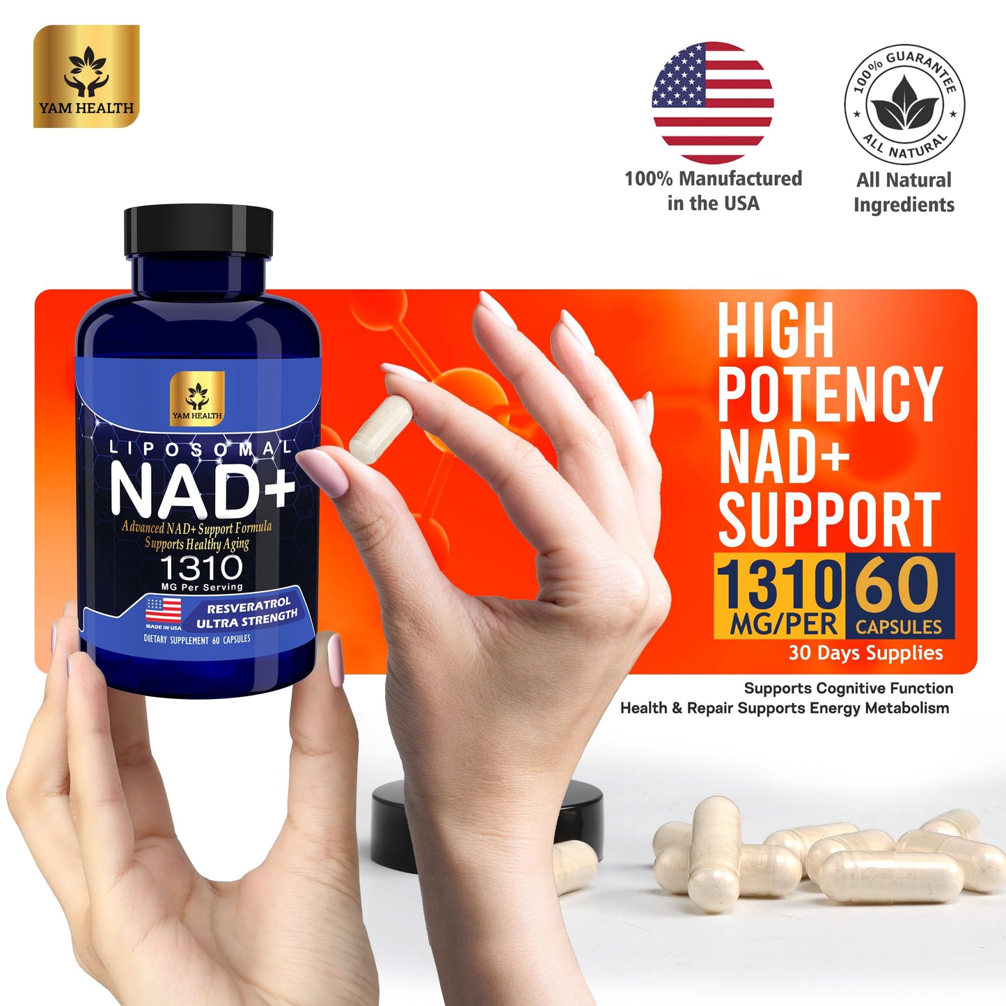 YAM Health Liposomal NAD+ 1310mg with Resveratrol & Niacin (Vitamin B3) Capsules, 60 Count