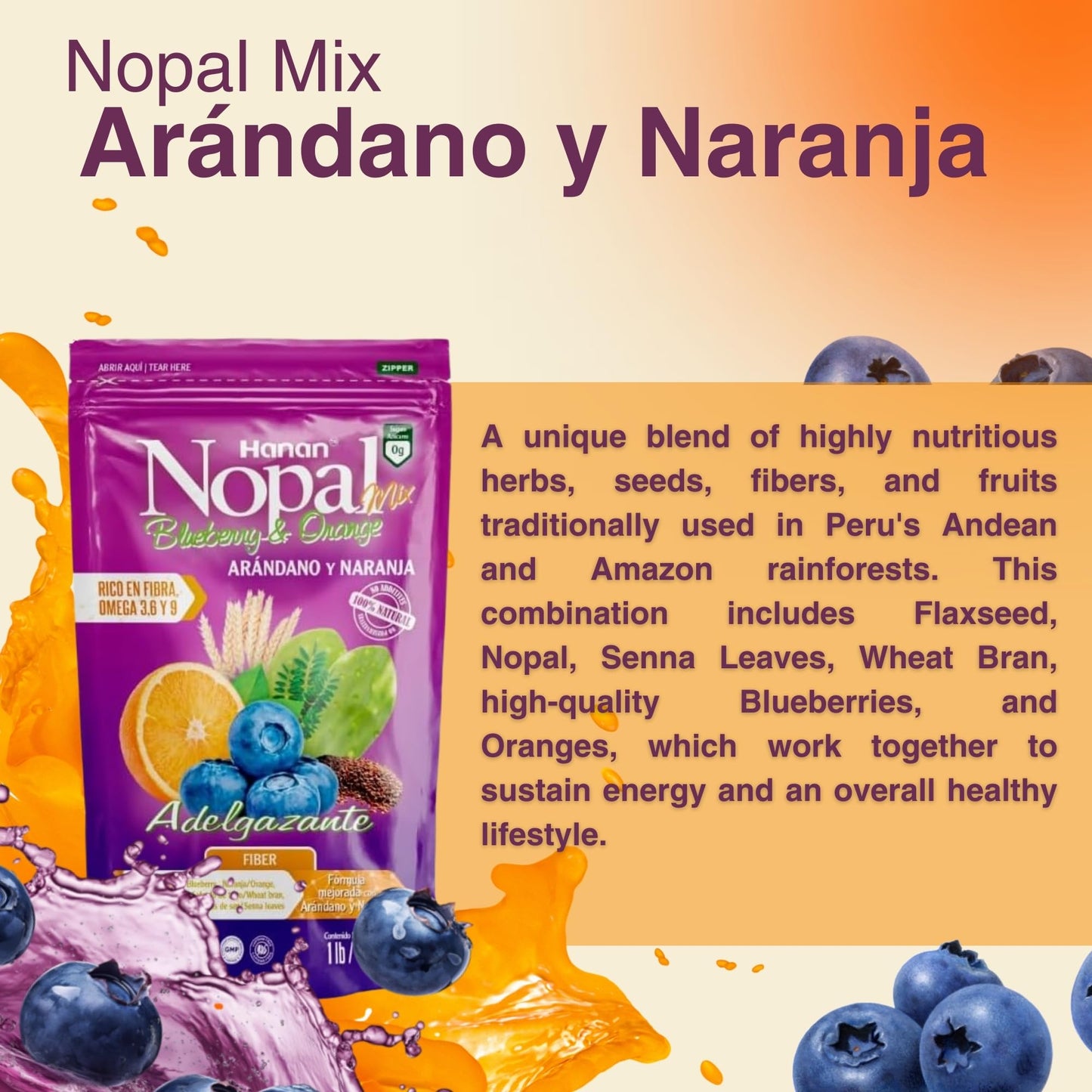 NOPAL MIX Arandano con Naranja - Blueberry with Orange Mix Powder Fiber 16 oz