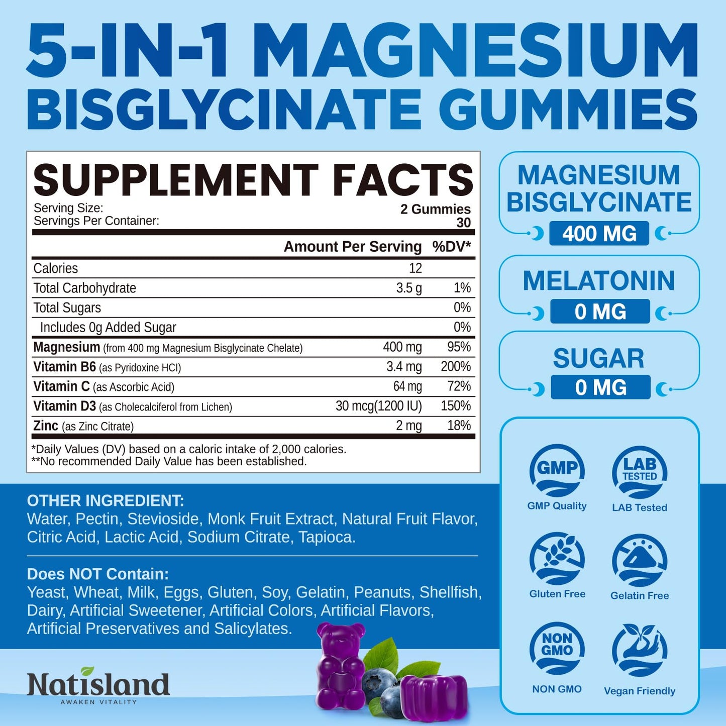 NATISLAND Magnesium Bisglycinate Gummies 60 Count