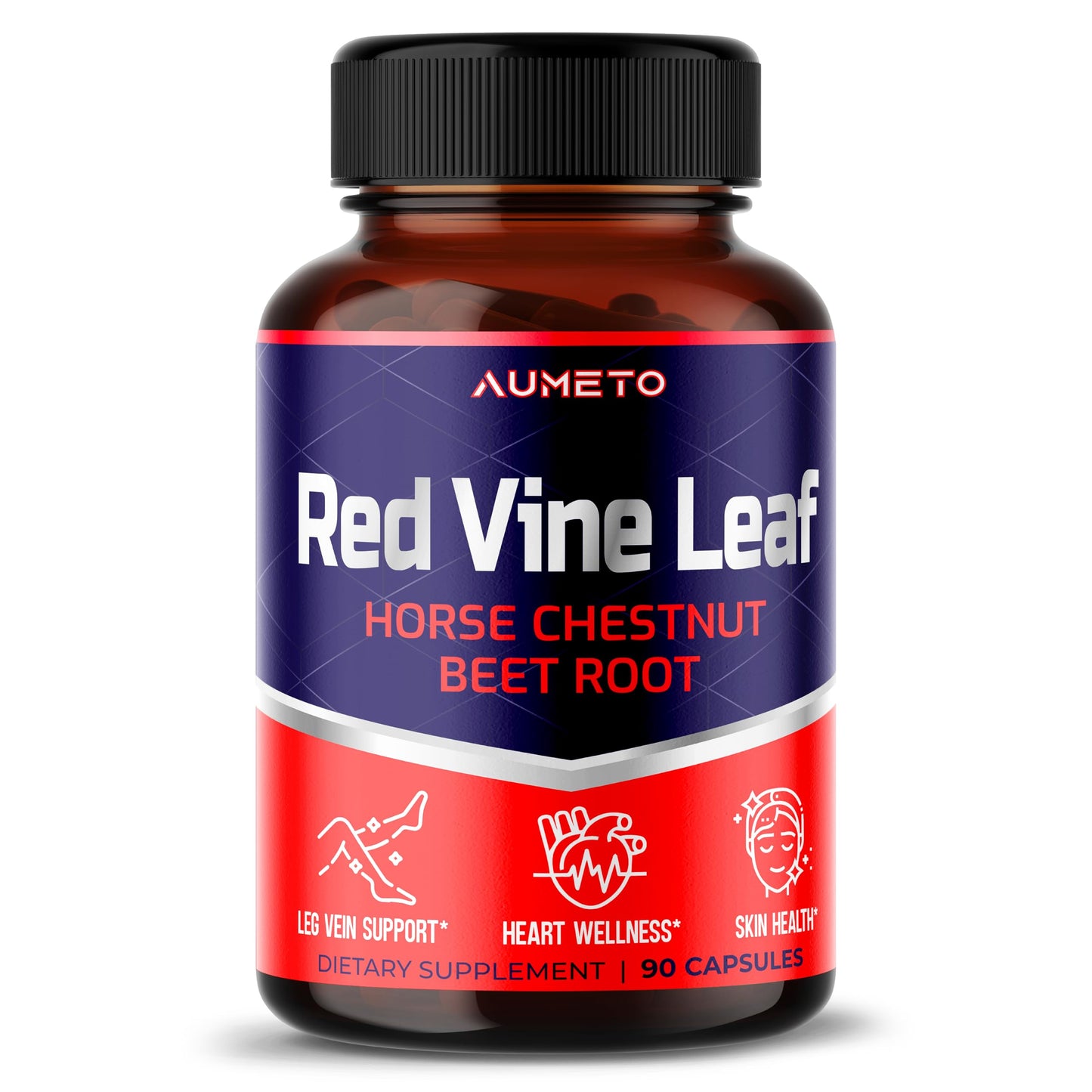 AUMETO Red Vine Leaf Supplement with Horse Chestnut, Beetroot, Ginger Capsules 90