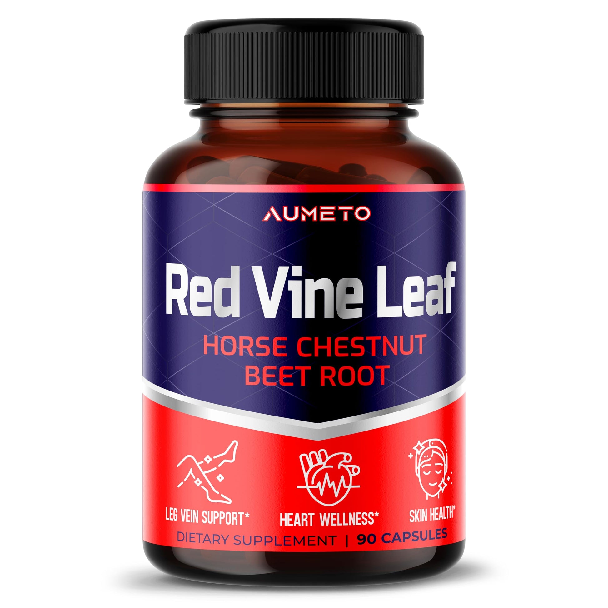 AUMETO Red Vine Leaf Supplement with Horse Chestnut, Beetroot, Ginger Capsules 90