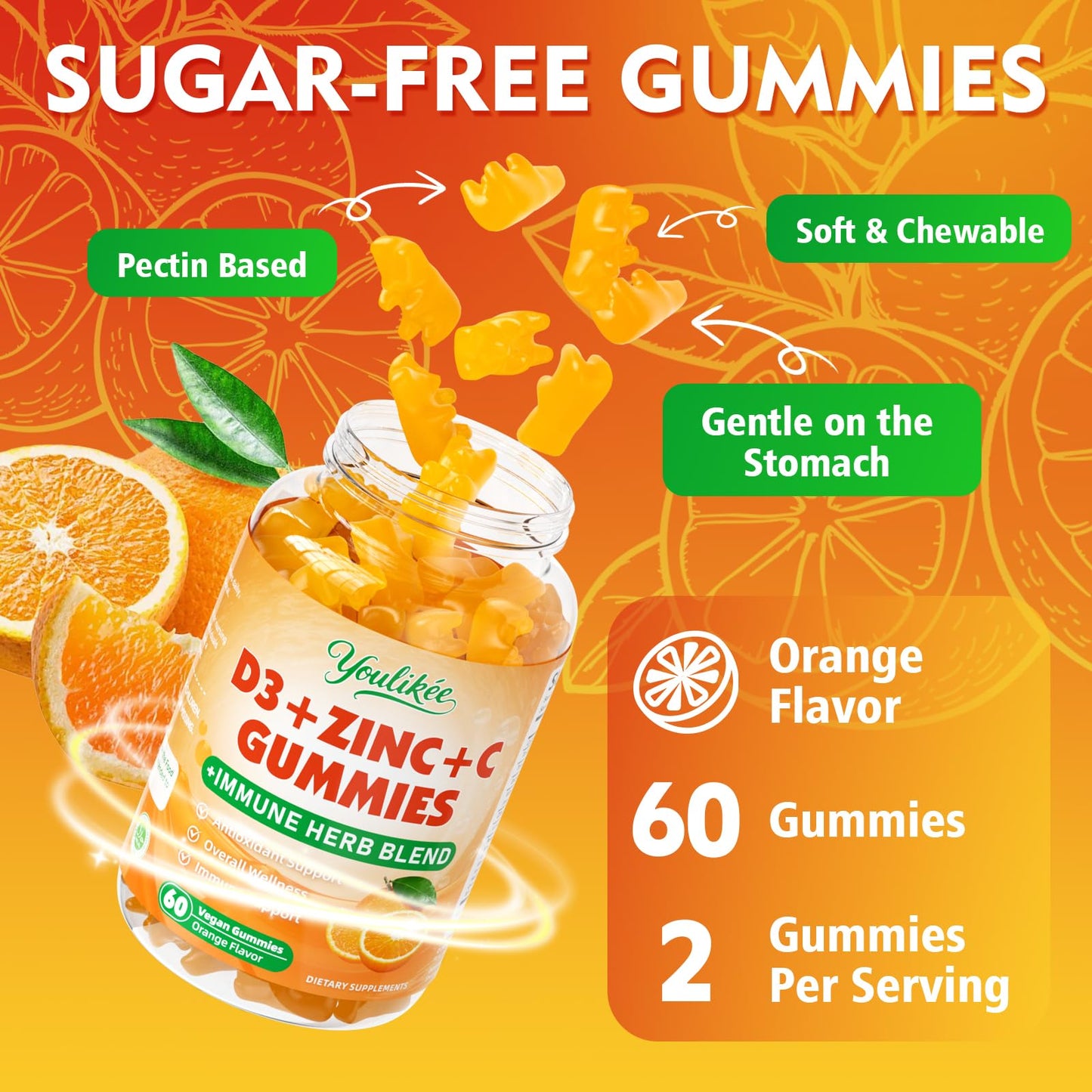 Youlikee Vitamin C + D3 + Zinc Gummies for Adults, Immune Support, 120 Count