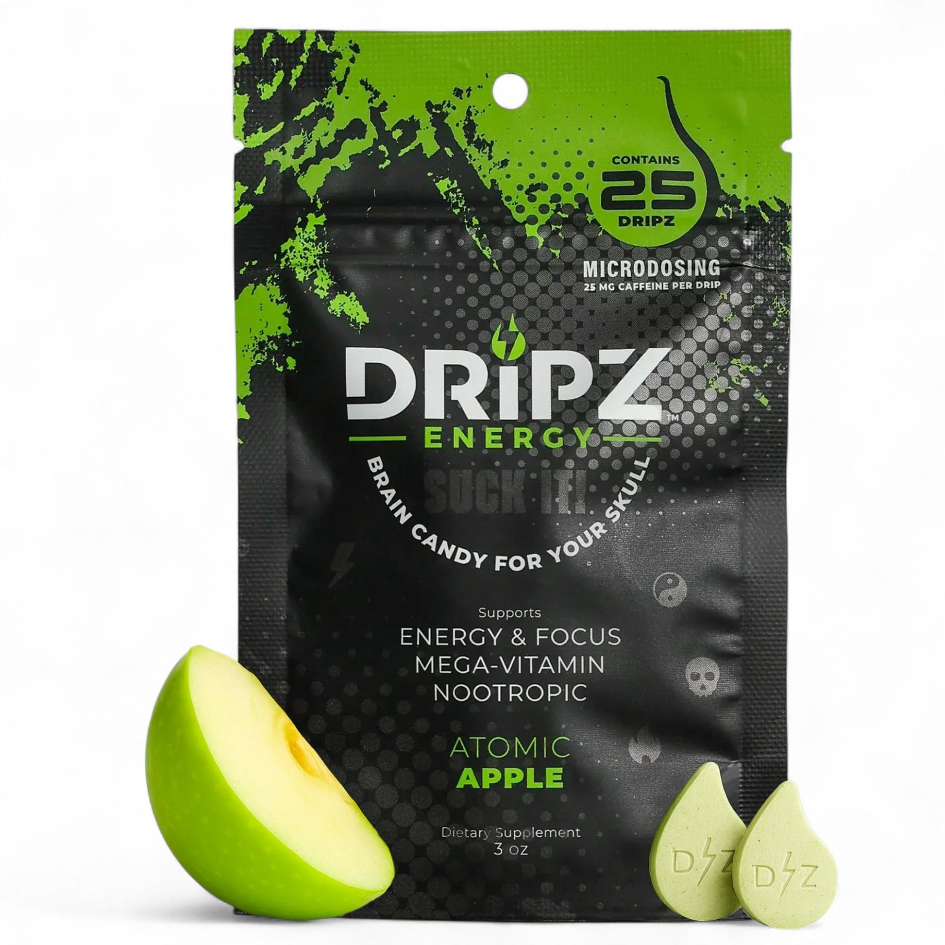 Dripz Energy Nootropic Caffeine Tablets Focus Atomic Green Apple 25 Tablets